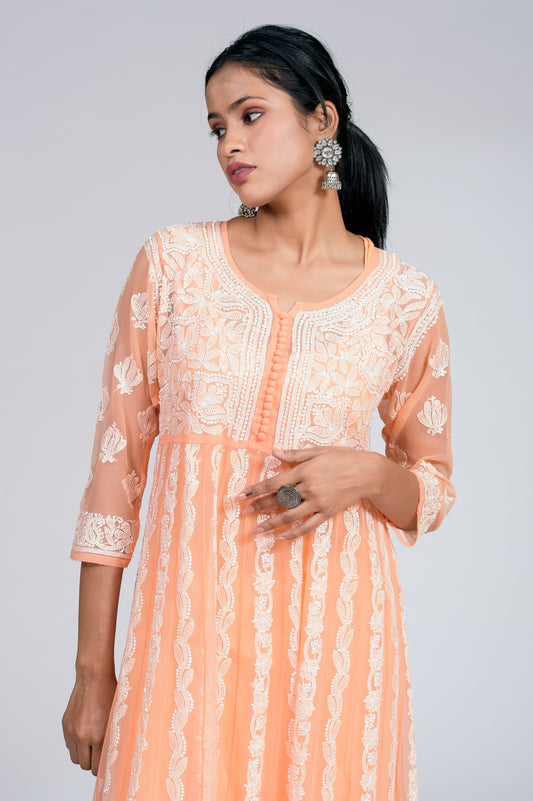 Orange Anarkali Skin Friendly Semi Georgette Hand Embroided Kurti Lucknow Chikan Emporium.