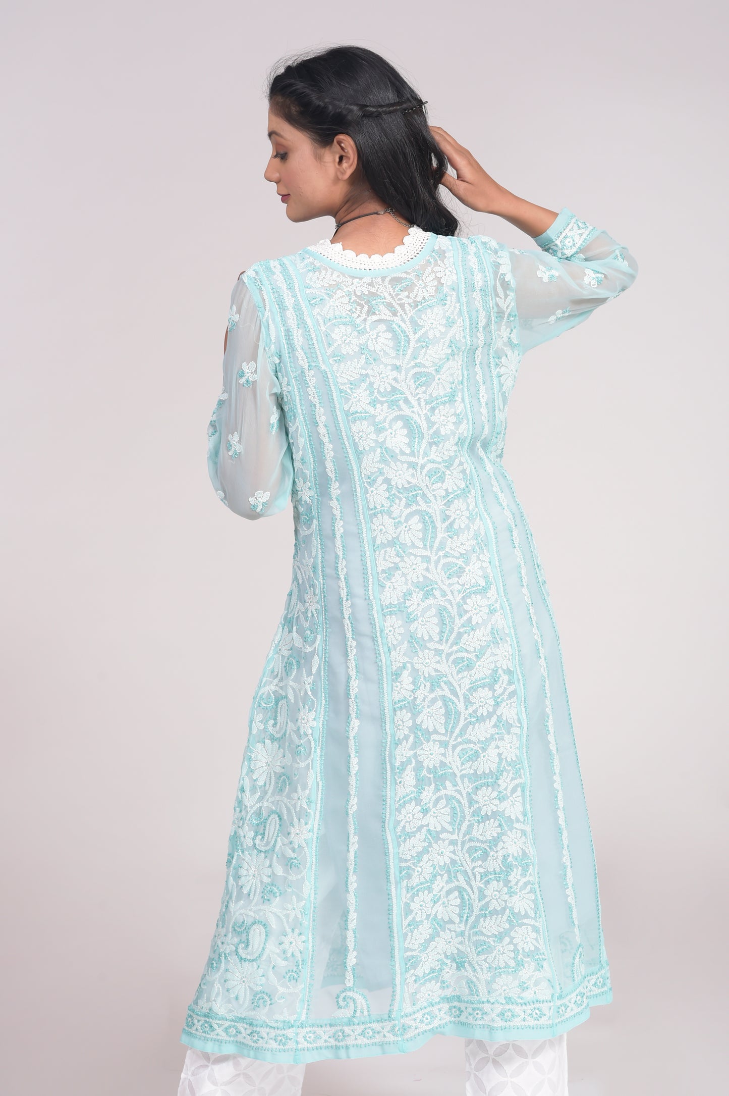 Semi Georgette Nice Sea Green Anarkali Kurti Lucknow Chikan Emporium.