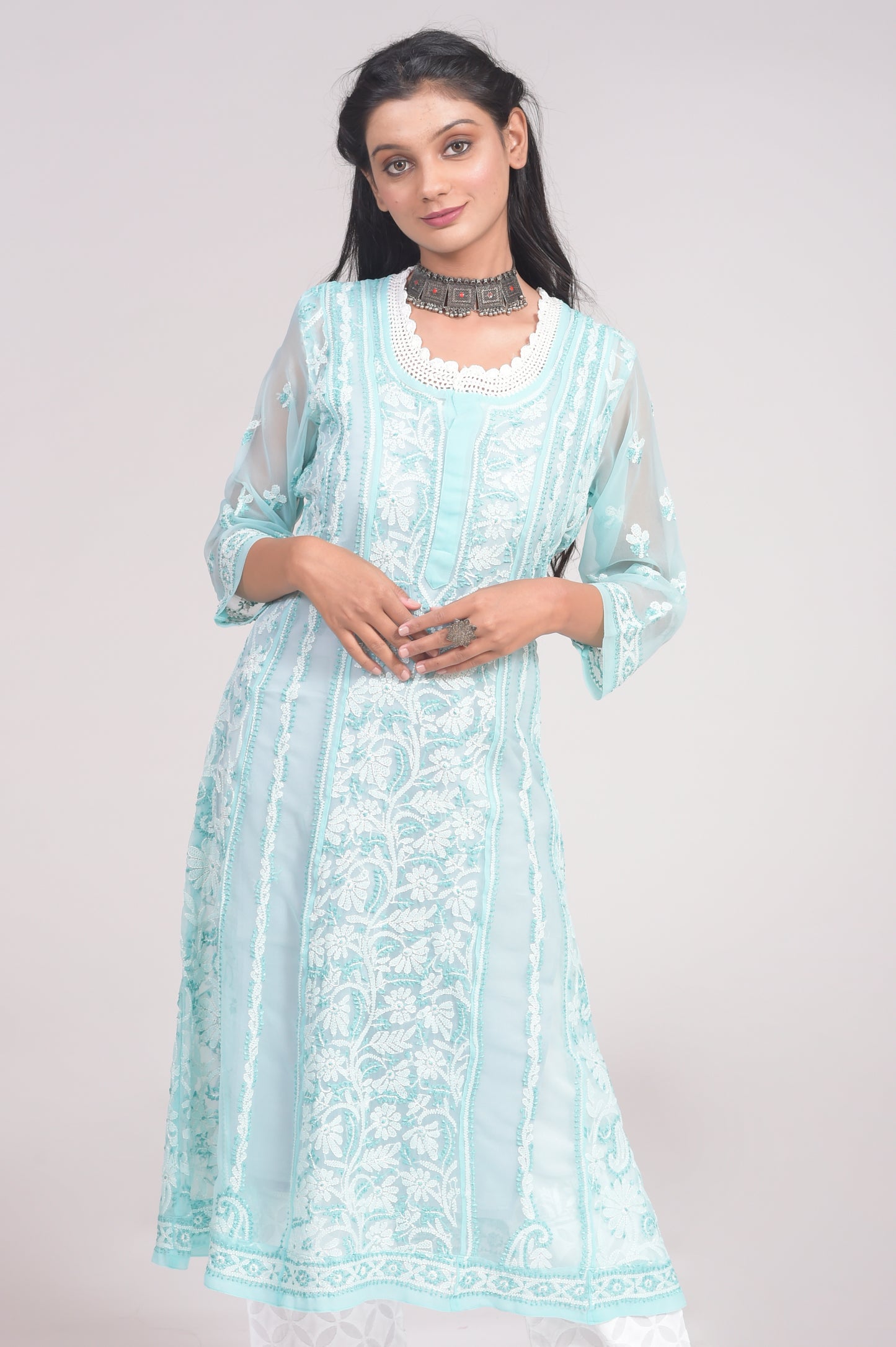 Semi Georgette Nice Sea Green Anarkali Kurti Lucknow Chikan Emporium.