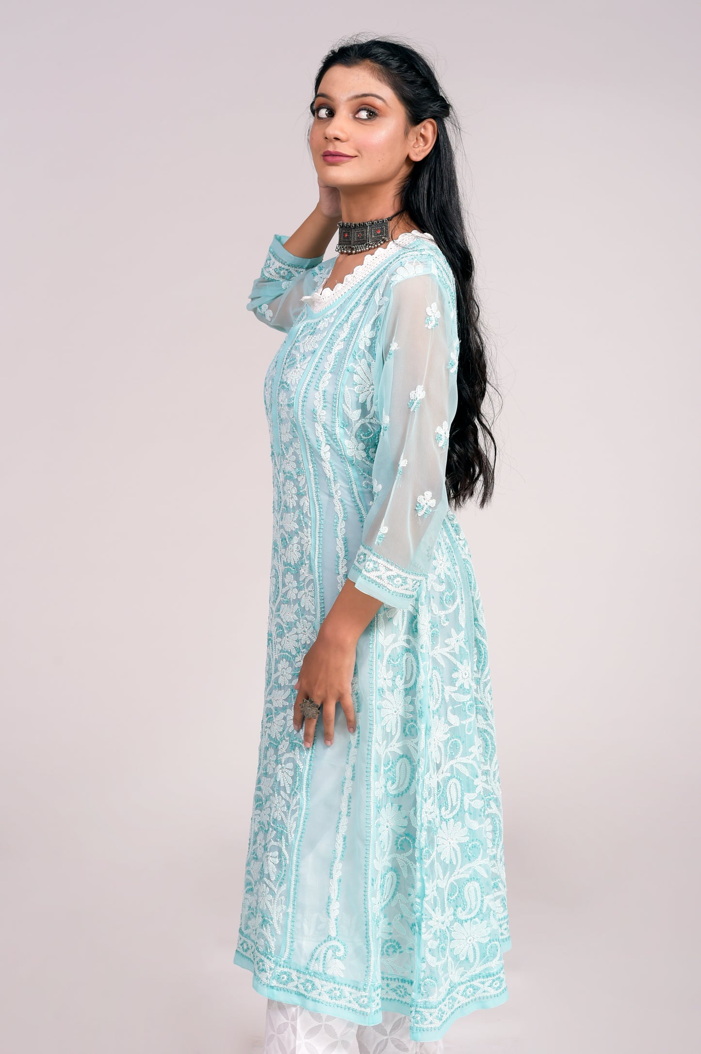 Semi Georgette Nice Sea Green Anarkali Kurti Lucknow Chikan Emporium.