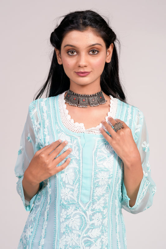 Semi Georgette Nice Sea Green Anarkali Kurti Lucknow Chikan Emporium.