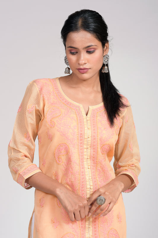 Fawn Kurti Kota Doriya Hand Chikankari Lucknow Chikan Emporium.