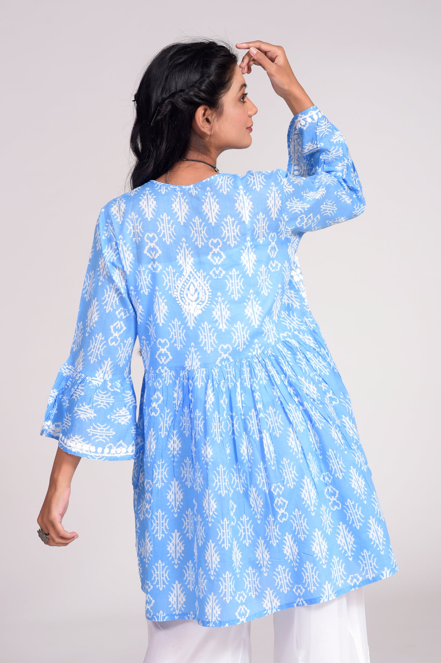 Printed Soft Cotton Chikankari Short Blue Hand Embroided Lucknow Chikan Emporium Kurti.