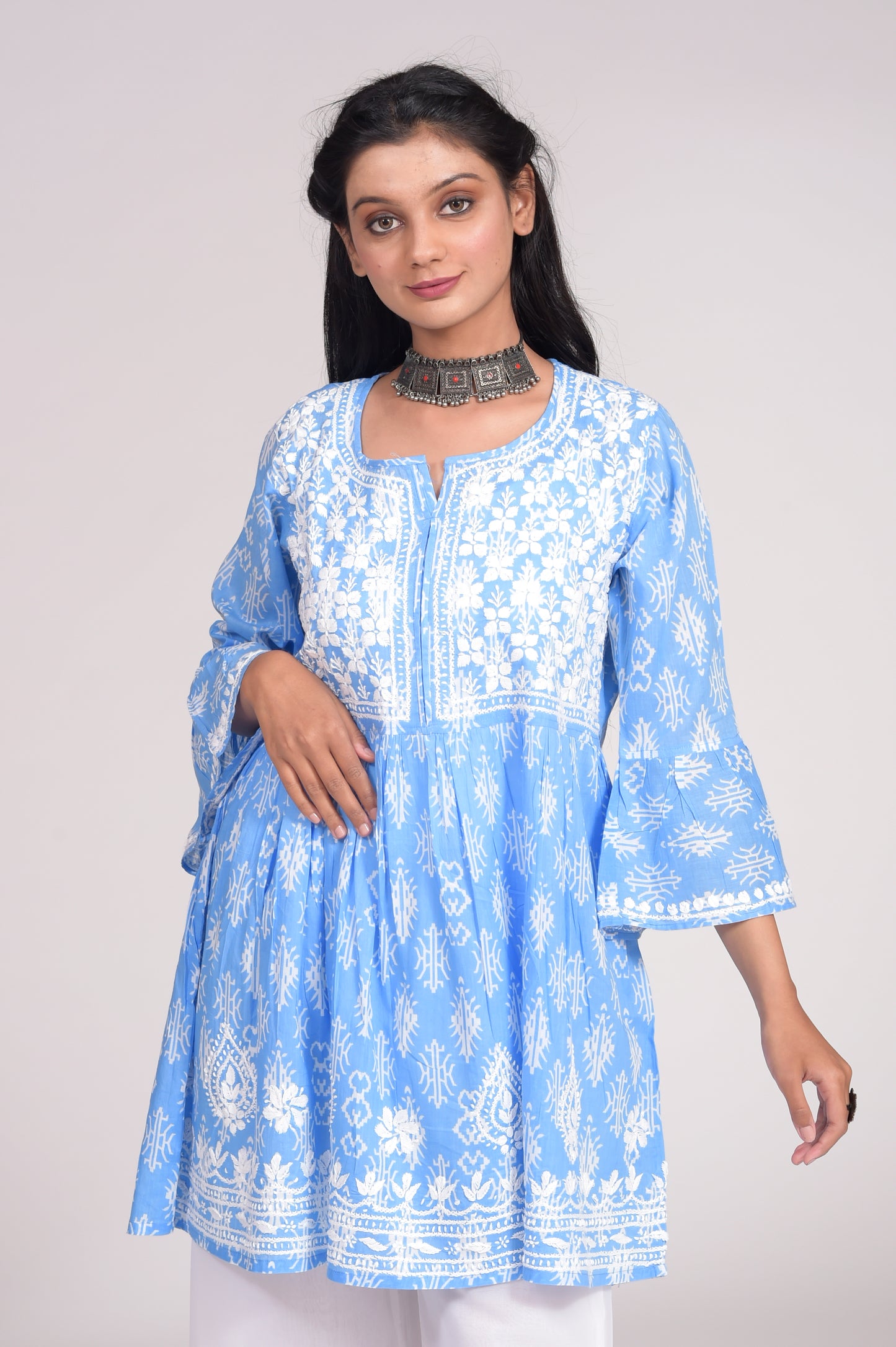 Printed Soft Cotton Chikankari Short Blue Hand Embroided Lucknow Chikan Emporium Kurti.