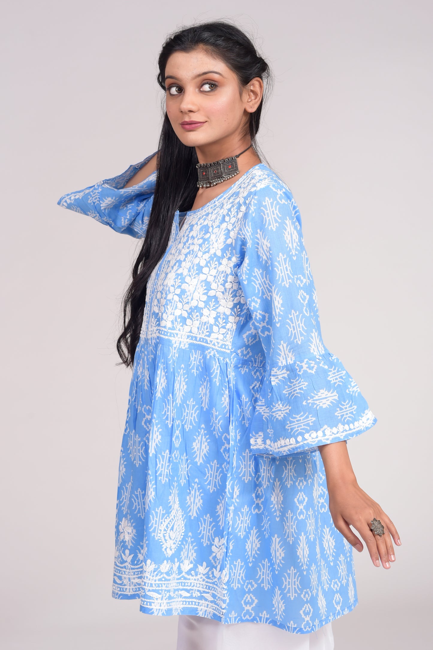 Printed Soft Cotton Chikankari Short Blue Hand Embroided Lucknow Chikan Emporium Kurti.