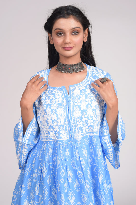 Printed Soft Cotton Chikankari Short Blue Hand Embroided Lucknow Chikan Emporium Kurti.