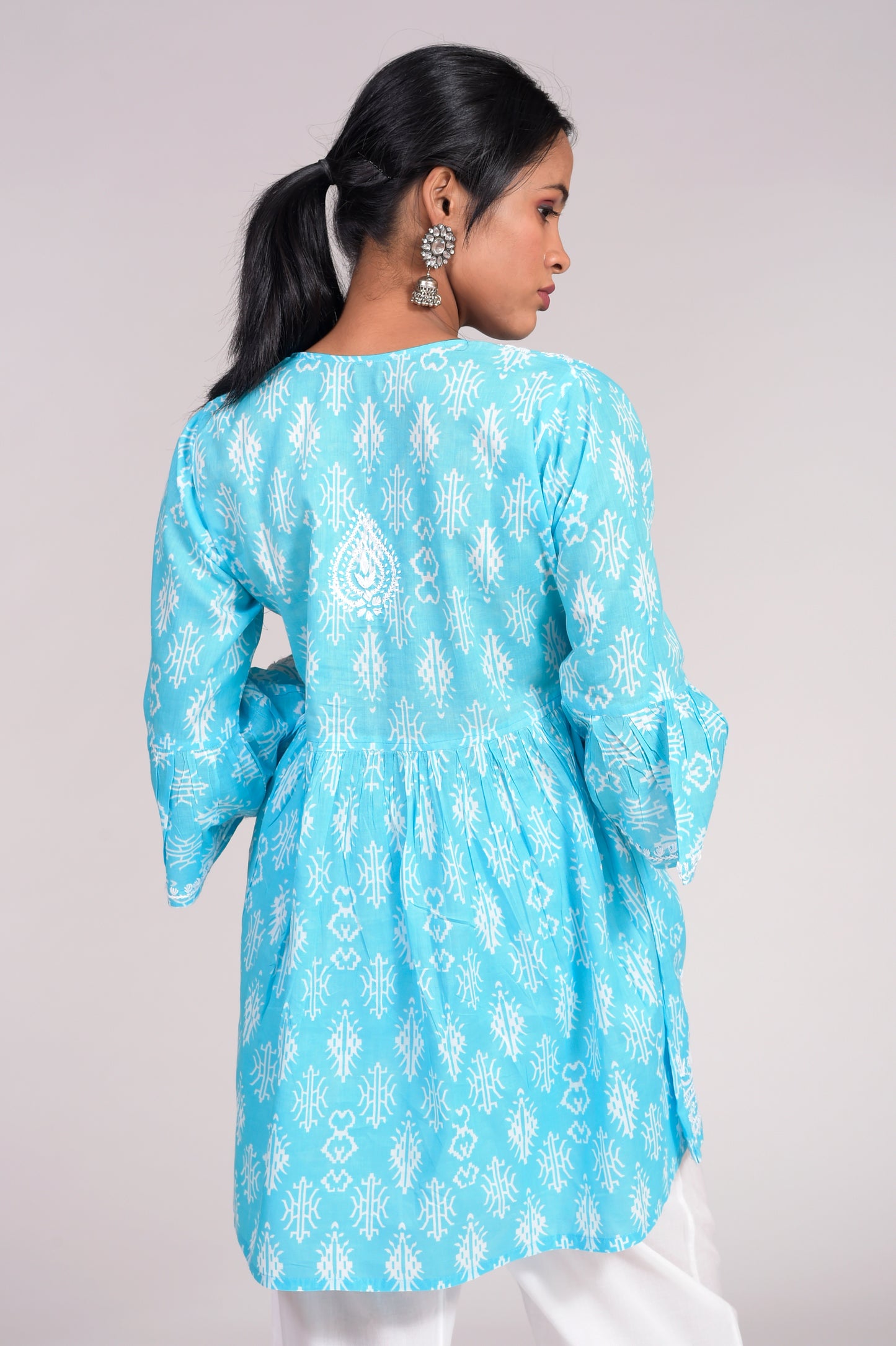 Hand Embroided Printed Soft Cotton Chikankari Short Blue Lucknow Chikan Emporium Kurti.