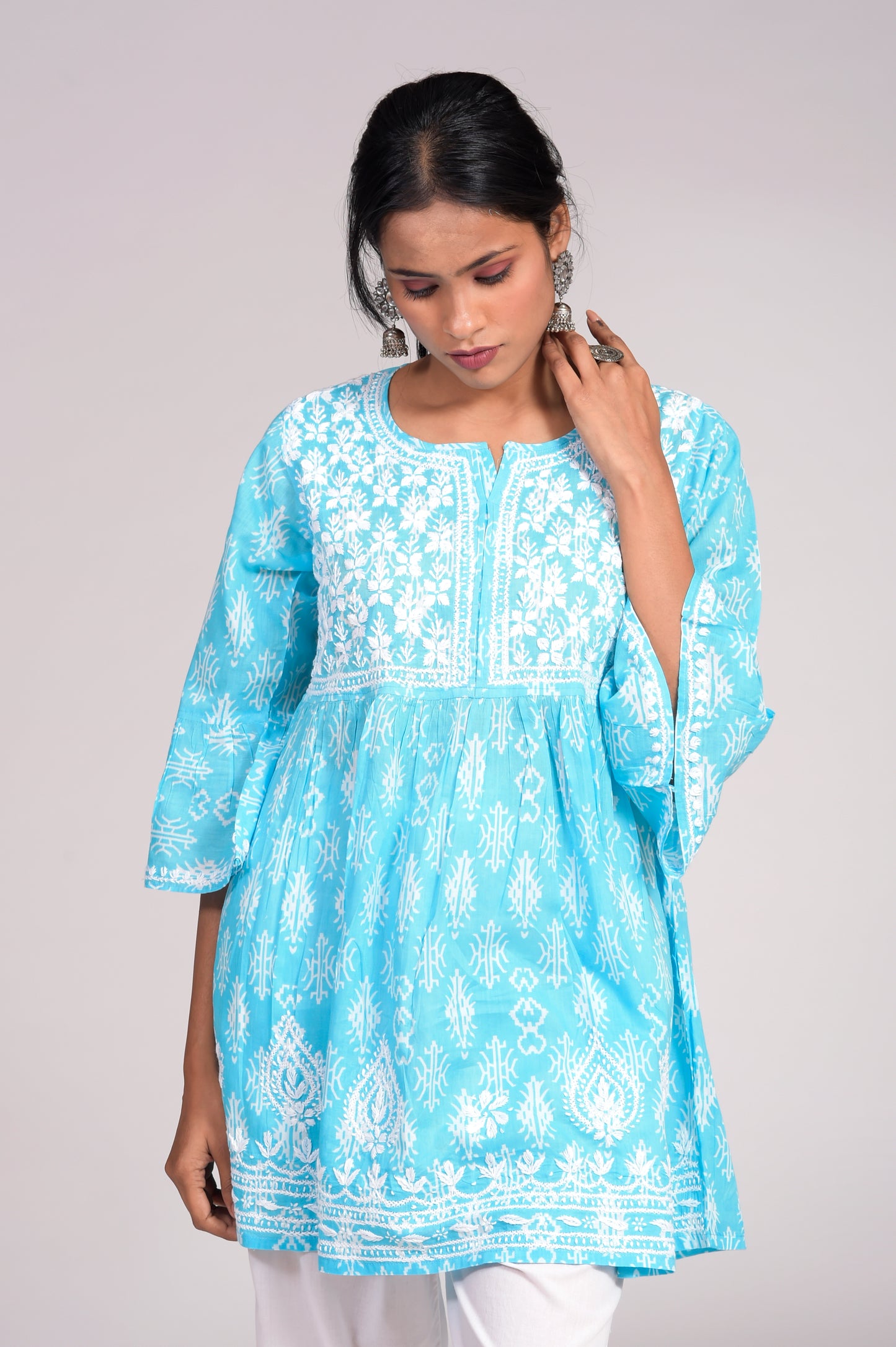 Hand Embroided Printed Soft Cotton Chikankari Short Blue Lucknow Chikan Emporium Kurti.