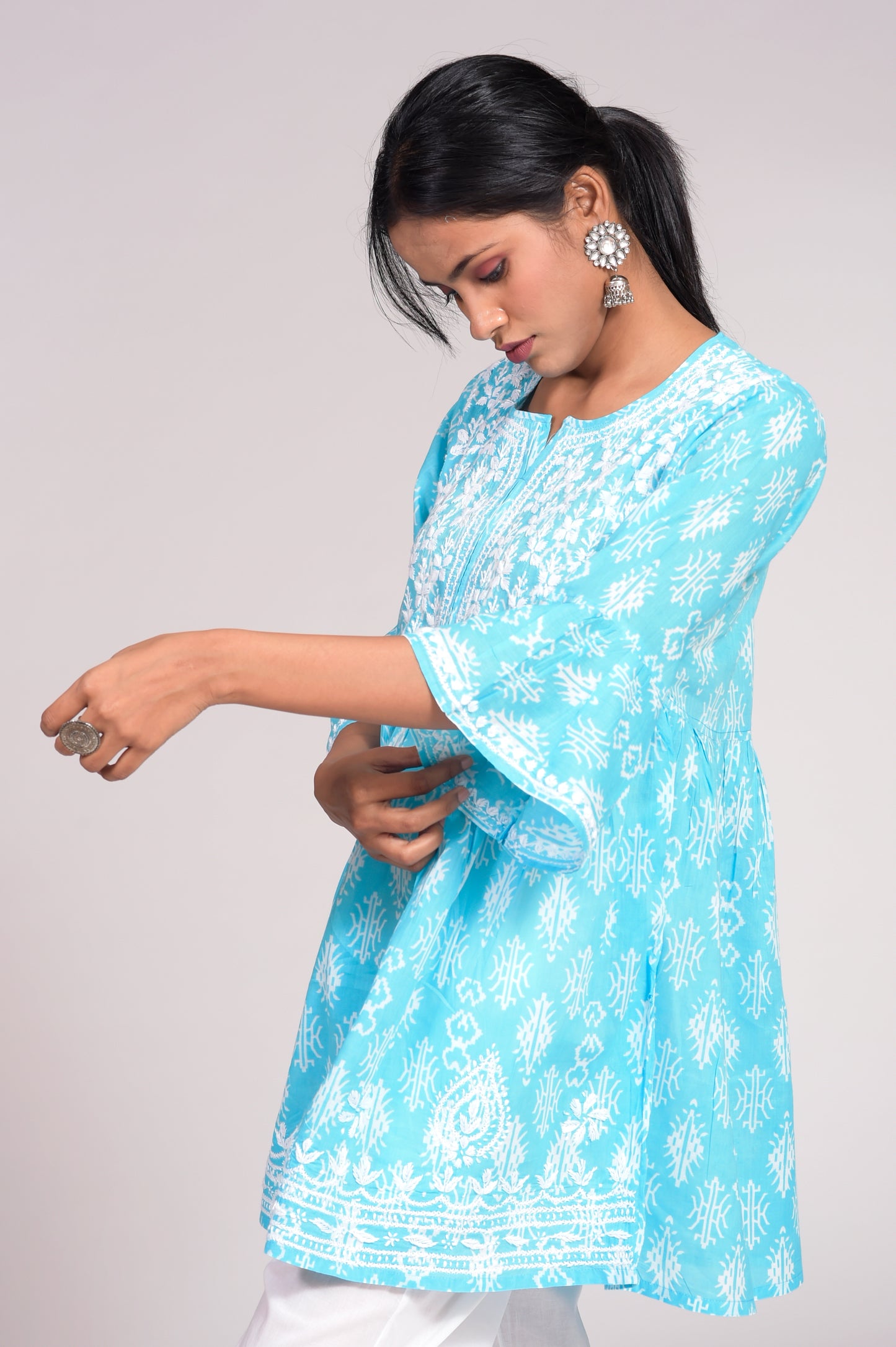 Hand Embroided Printed Soft Cotton Chikankari Short Blue Lucknow Chikan Emporium Kurti.