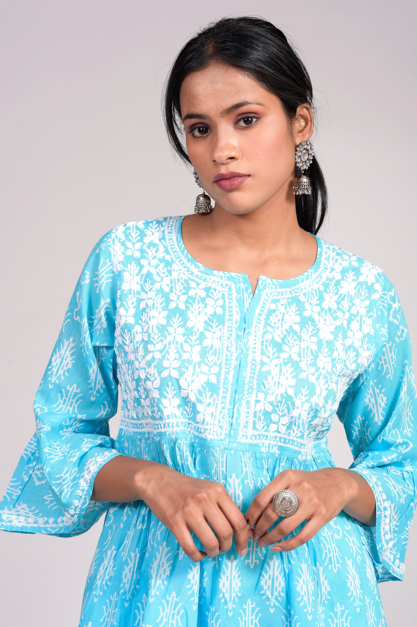 Hand Embroided Printed Soft Cotton Chikankari Short Blue Lucknow Chikan Emporium Kurti.