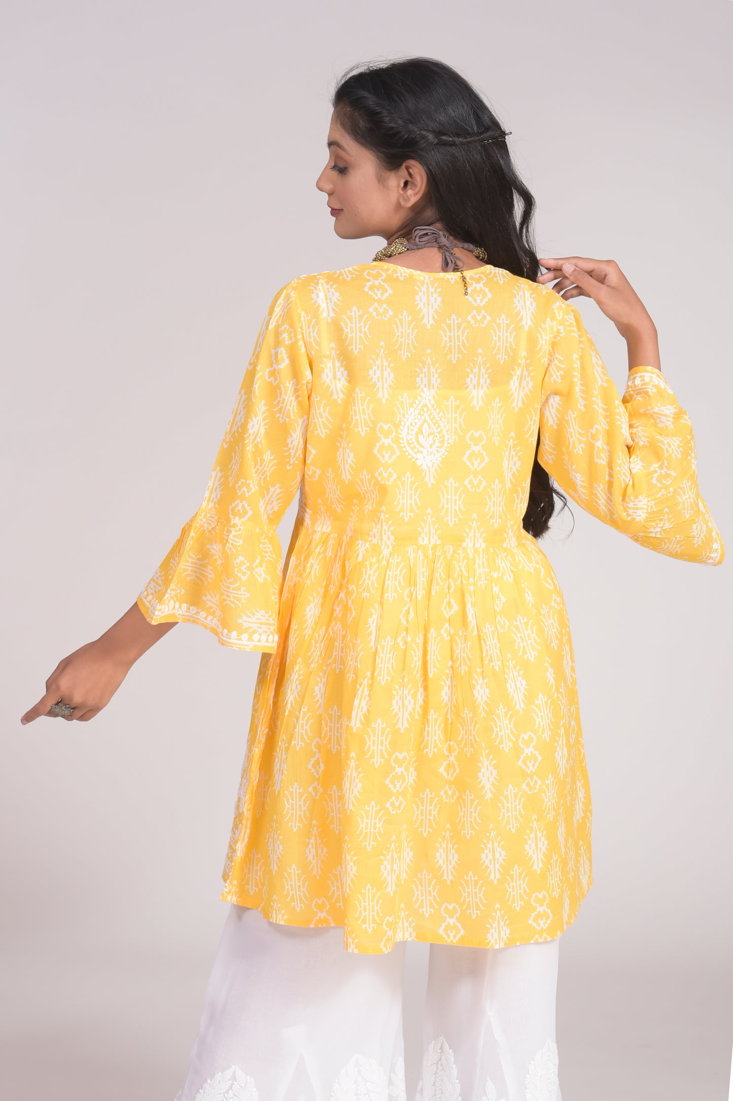 Printed Soft Cotton Chikankari Short Yellow Hand Embroided Lucknow Chikan Emporium Kurti.