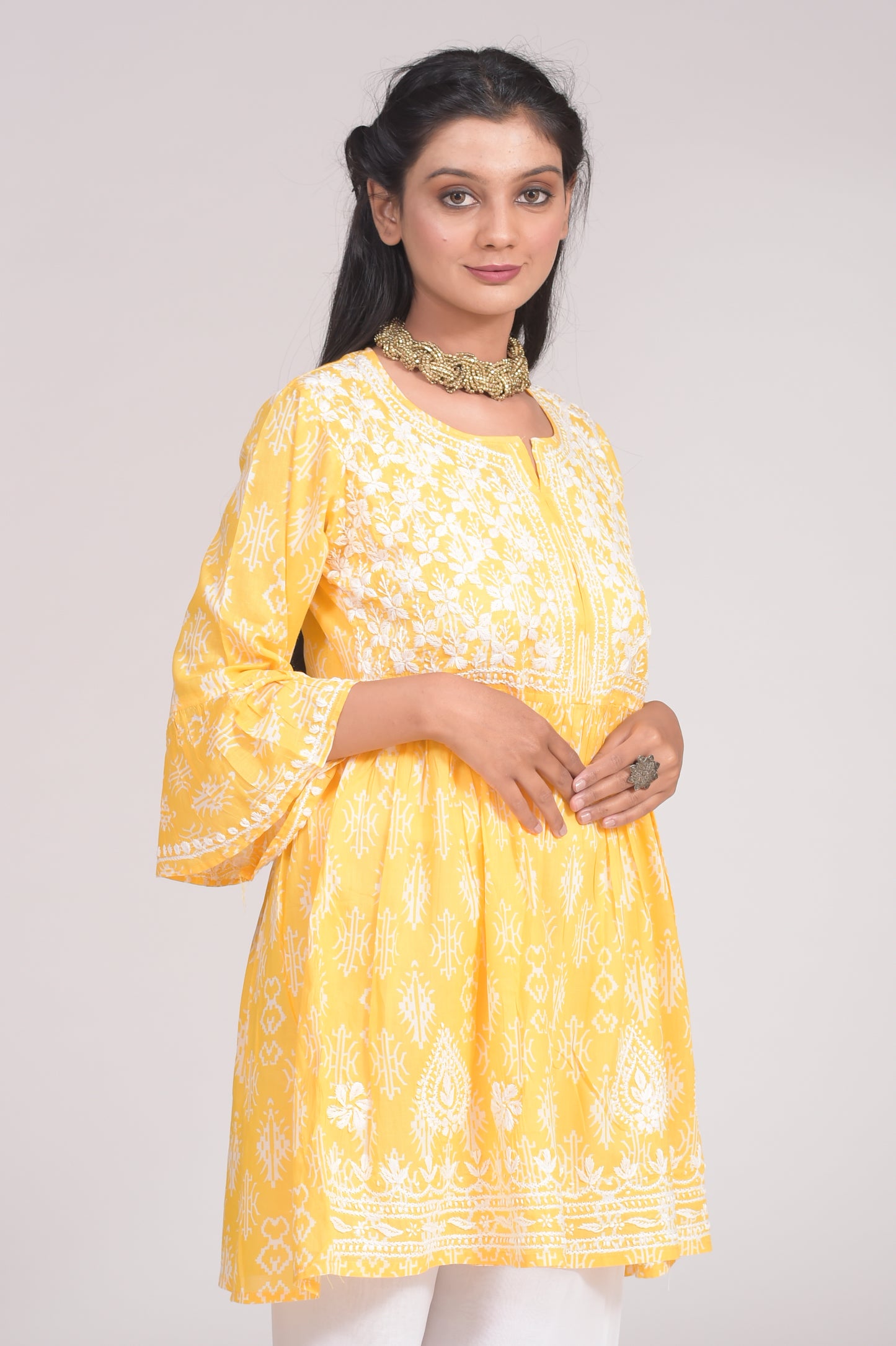 Printed Soft Cotton Chikankari Short Yellow Hand Embroided Lucknow Chikan Emporium Kurti.