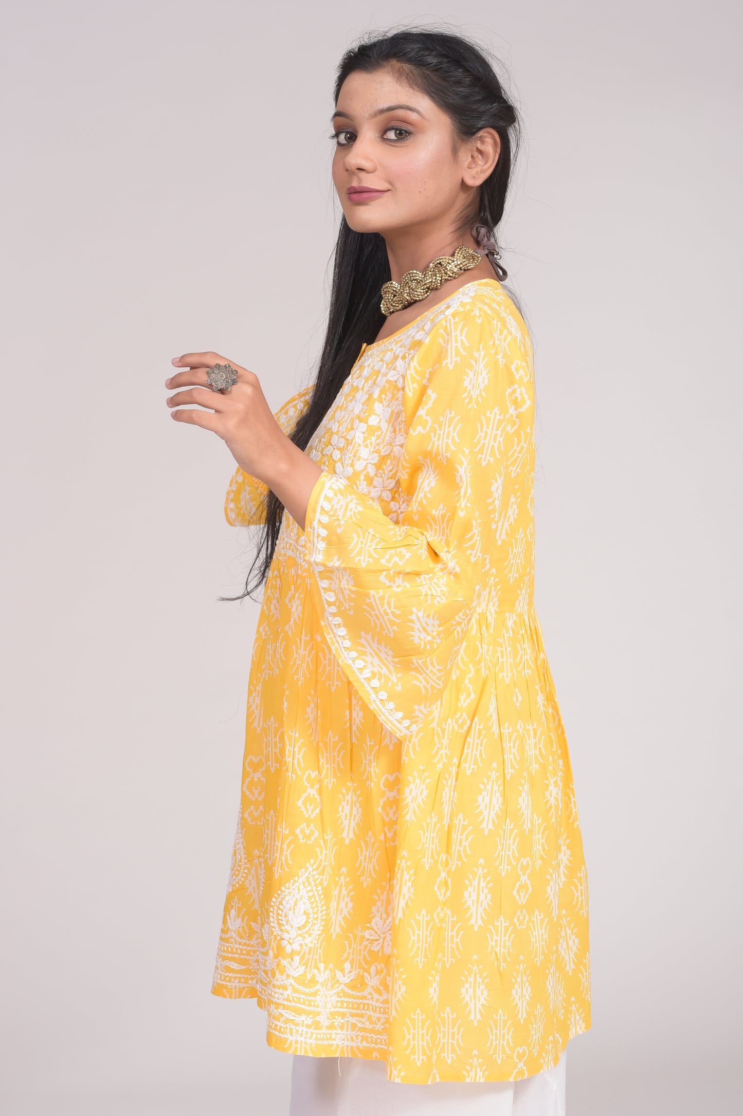 Printed Soft Cotton Chikankari Short Yellow Hand Embroided Lucknow Chikan Emporium Kurti.