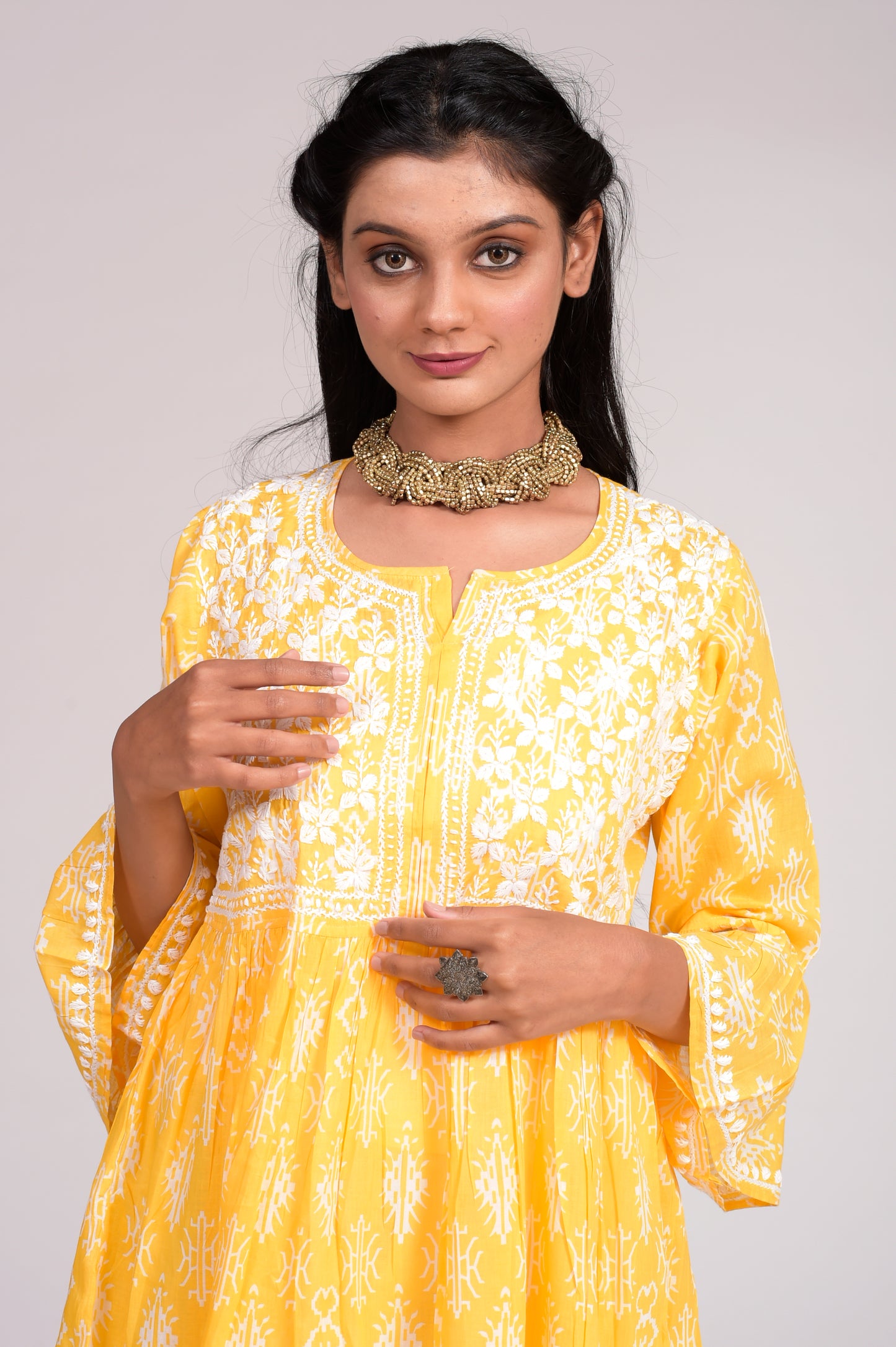 Printed Soft Cotton Chikankari Short Yellow Hand Embroided Lucknow Chikan Emporium Kurti.