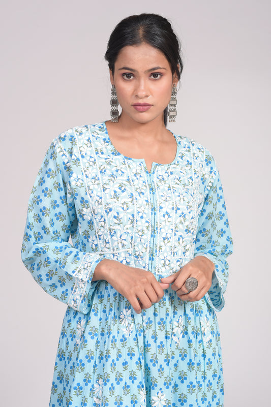 Soft Cotton Nice Blue Skin Freindly Elegant Gown Lucknow Chikan Emporium  With Hand Embroided