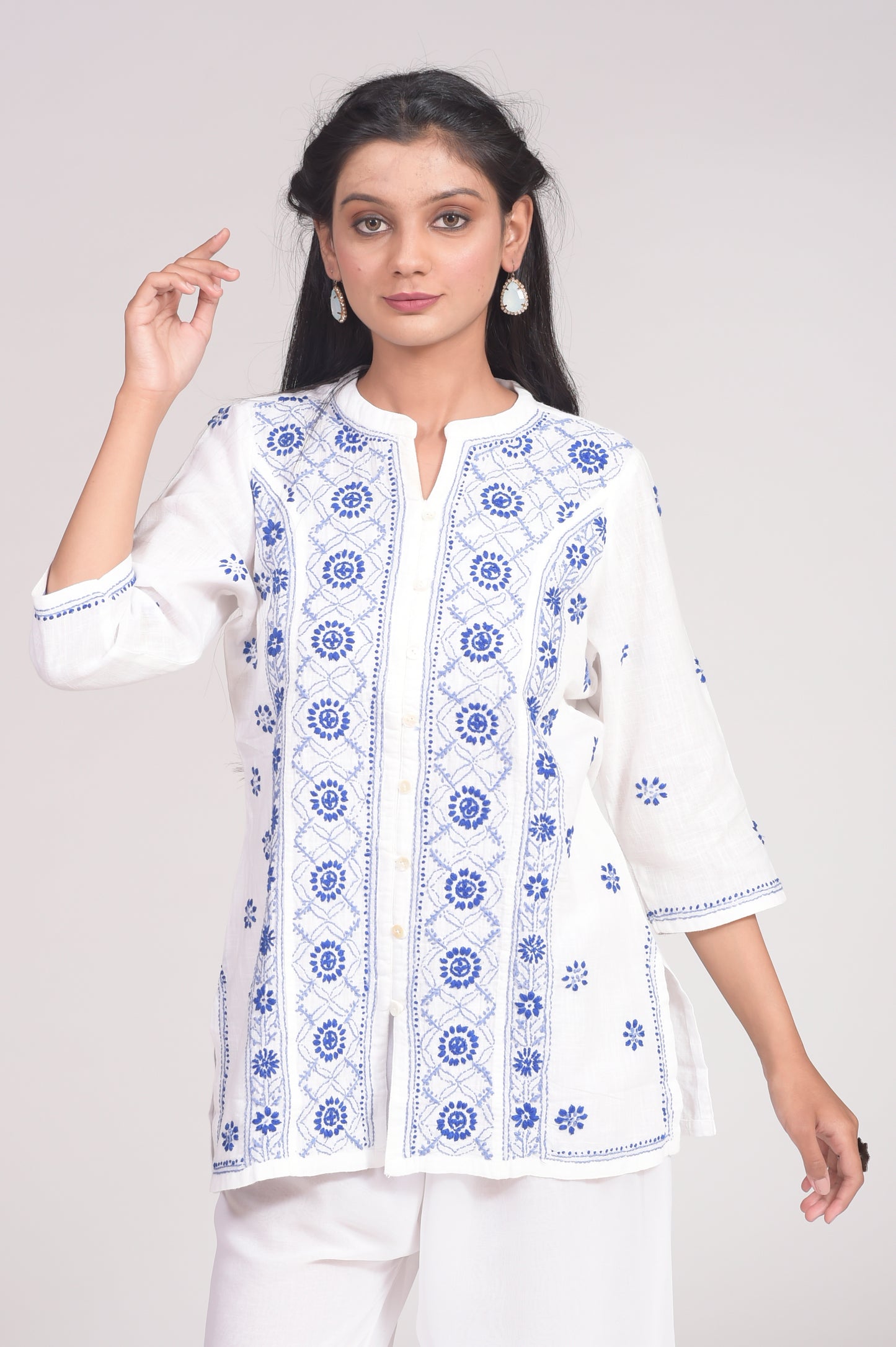 Soft Cotton White Chikankari Short Kurti Hand Embroided Skin Friendly Lucknow Chikan Emporium.