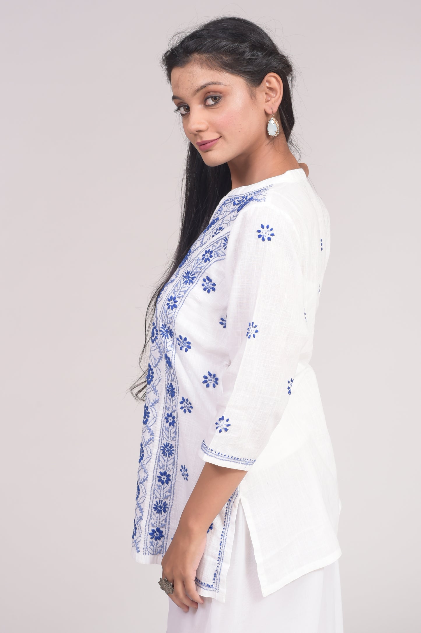 Soft Cotton White Chikankari Short Kurti Hand Embroided Skin Friendly Lucknow Chikan Emporium.