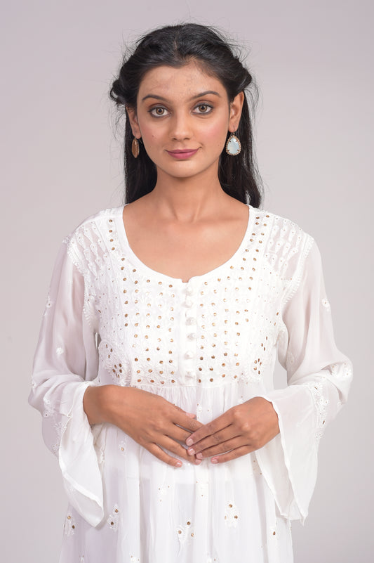 Hand Embroided Chikankari White Viscose Short Kurti Lucknow Chikan Emporium.