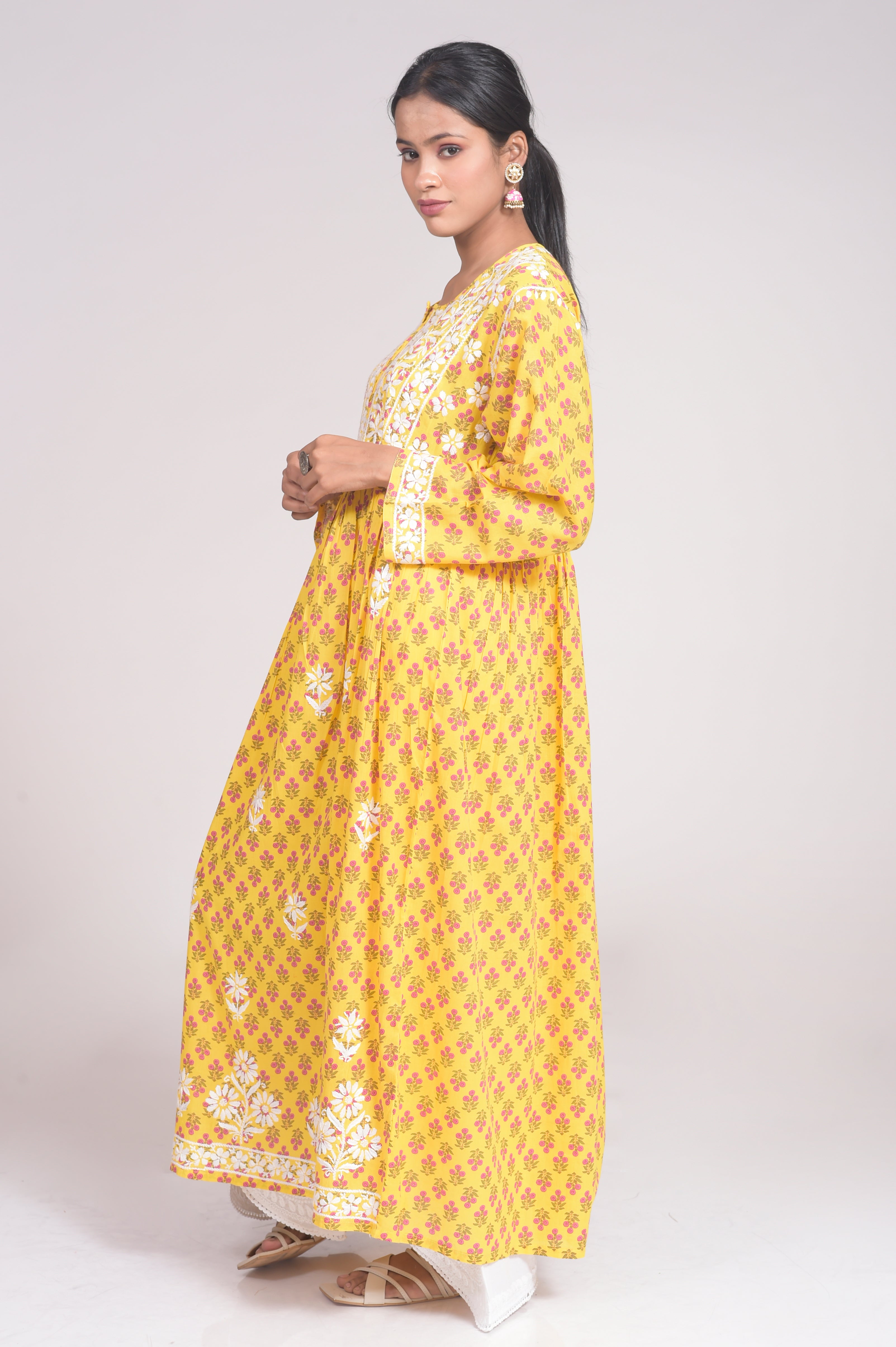 Soft Cotton Mustard Skin Freindly Elegant Gown Lucknow Chikan Emporium  With Hand Embroided