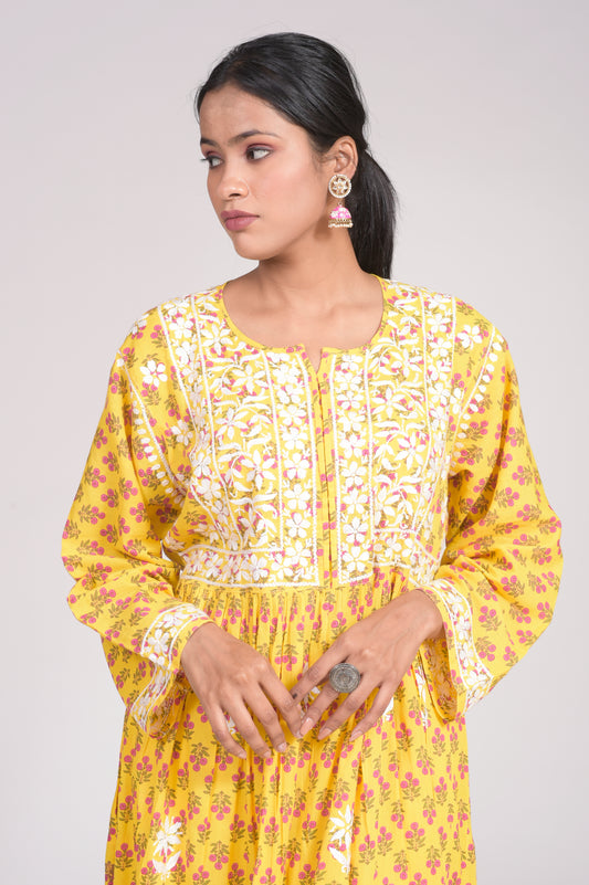 Soft Cotton Mustard Skin Freindly Elegant Gown Lucknow Chikan Emporium  With Hand Embroided