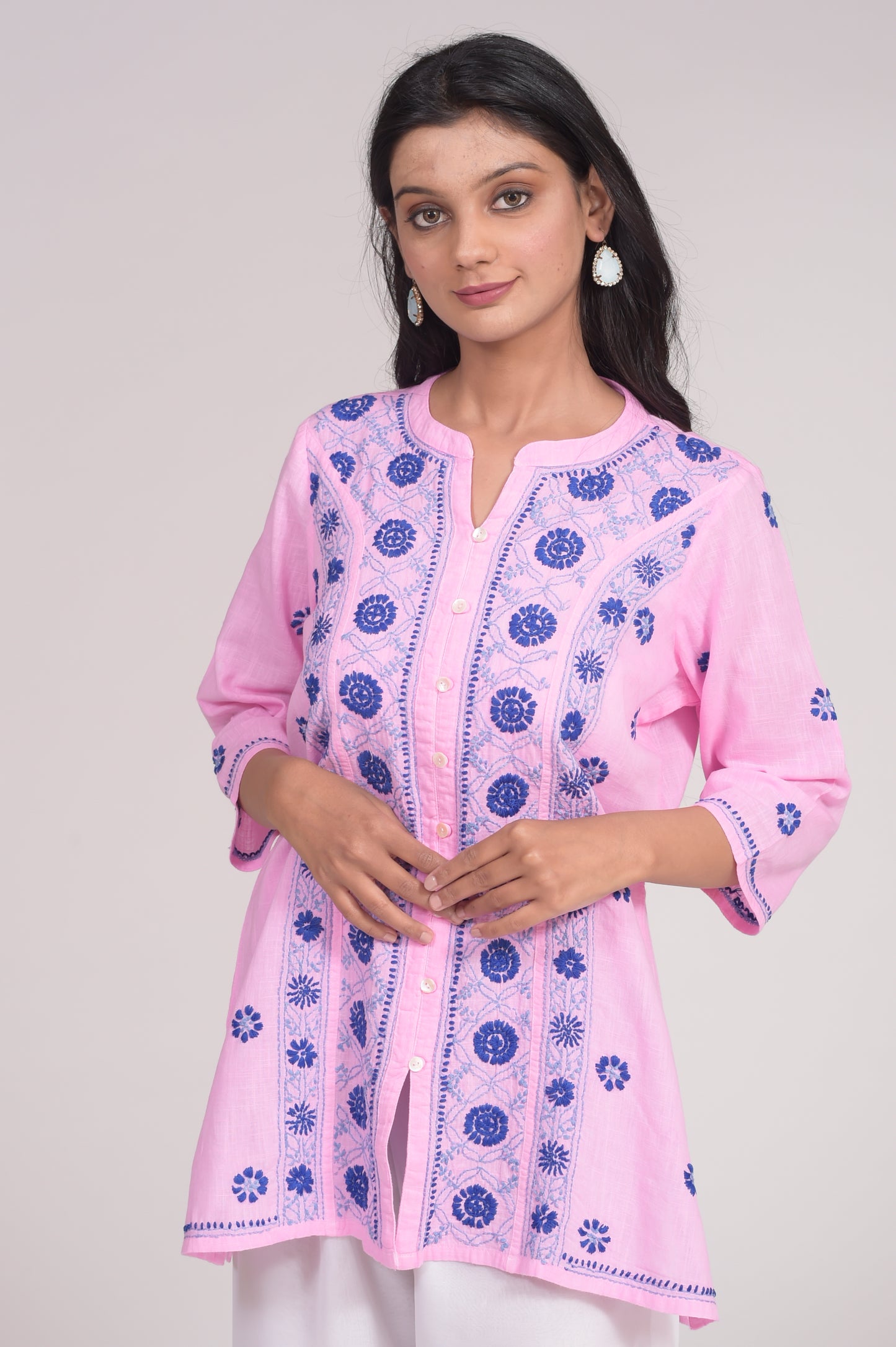 Soft Cotton Short Onion Pink Hand Embroided Chikankari Lucknow Chikan Emporium Kurti.