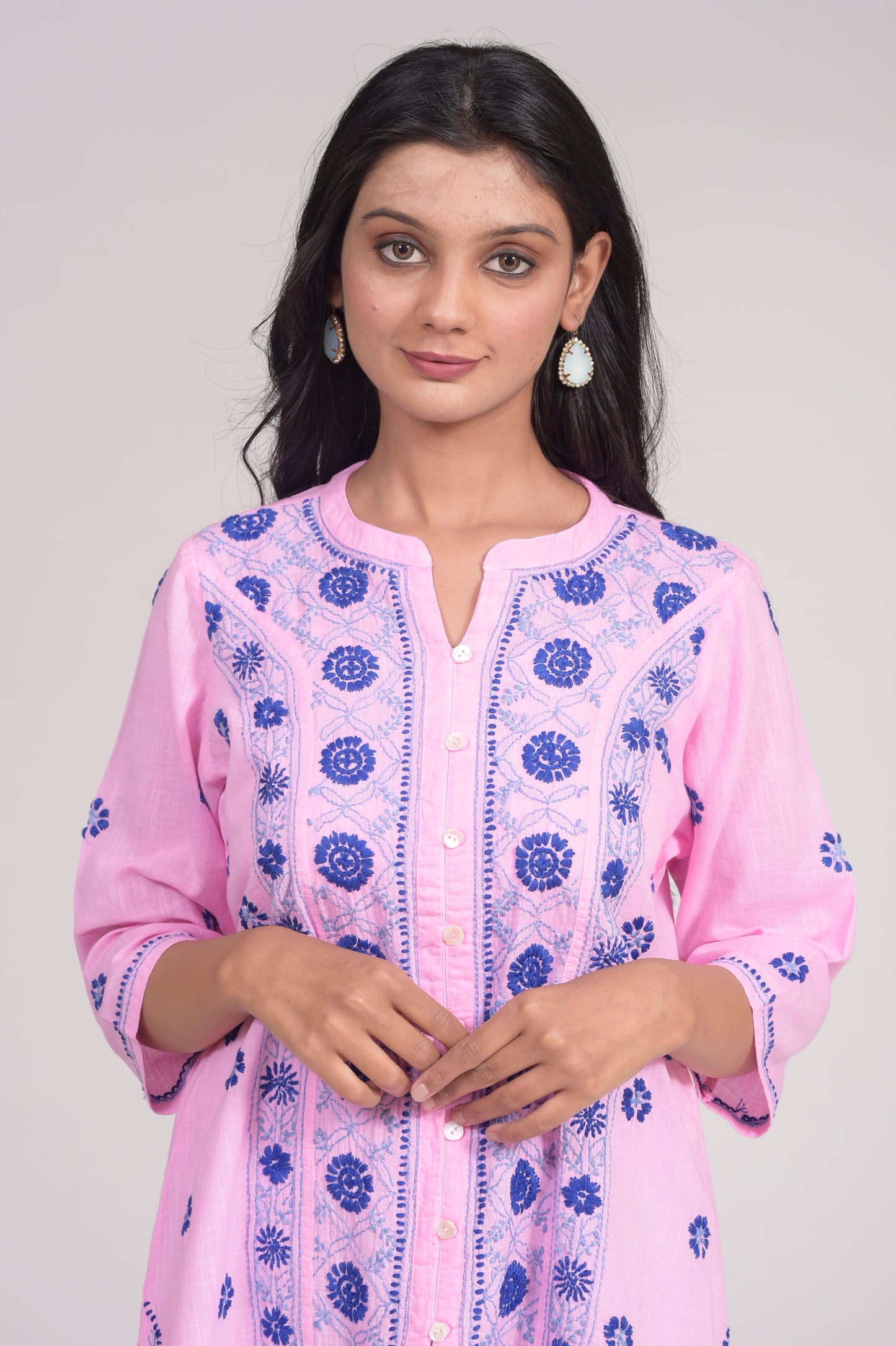 Soft Cotton Short Onion Pink Hand Embroided Chikankari Lucknow Chikan Emporium Kurti.