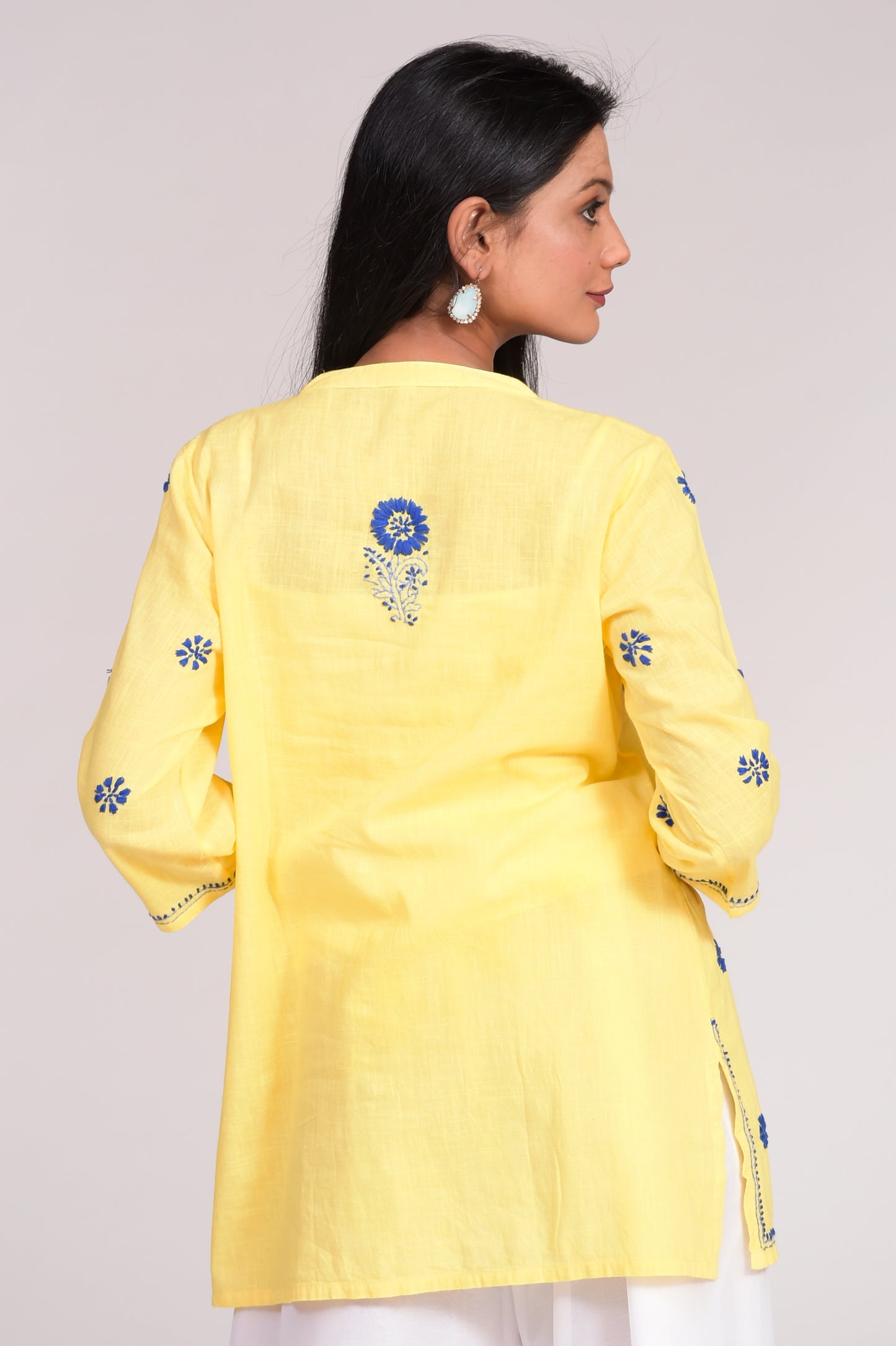 Soft Cotton Short Yellow Hand Embroided Chikankari Lucknow Chikan Emporium Kurti.