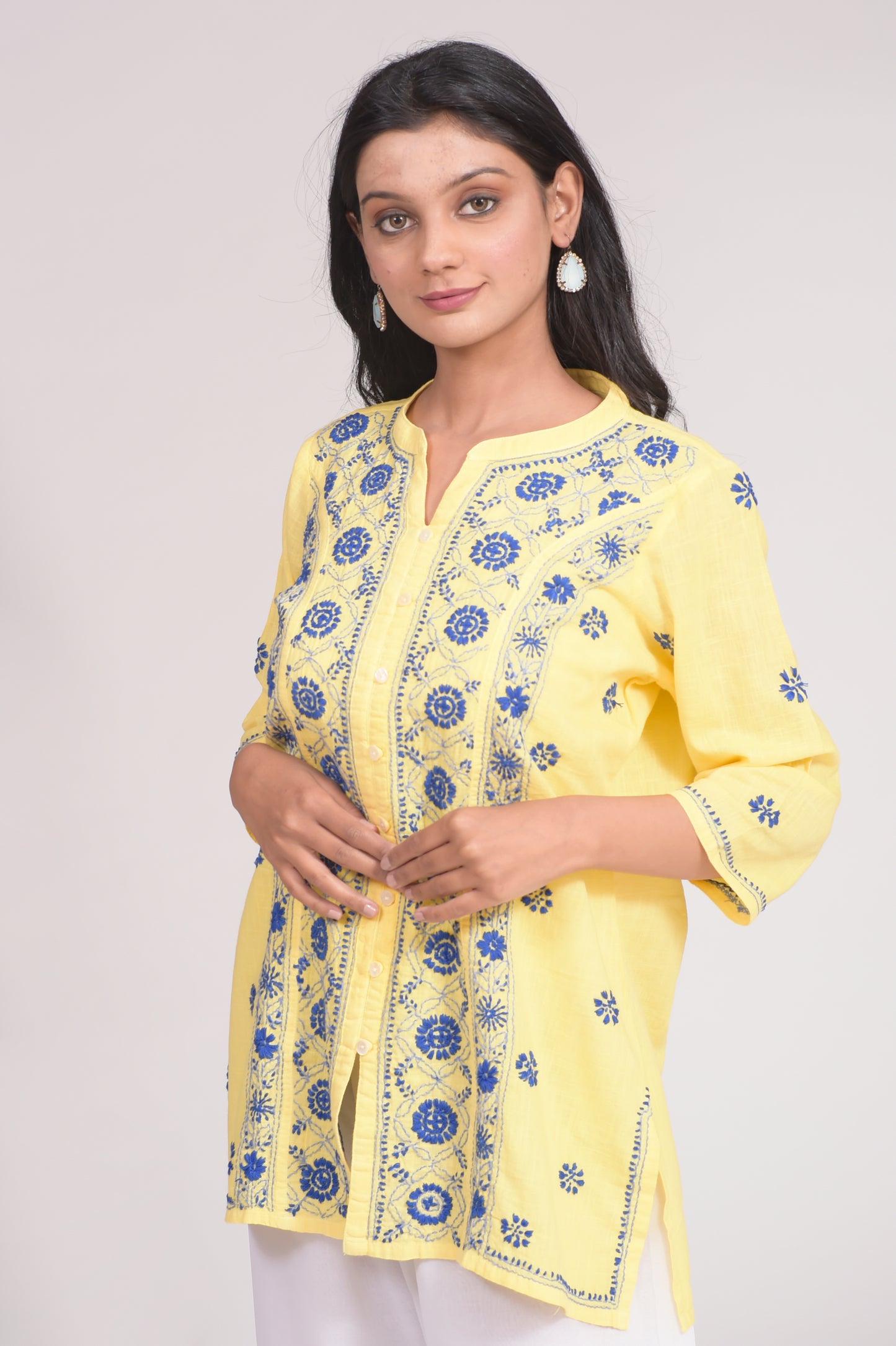 Soft Cotton Short Yellow Hand Embroided Chikankari Lucknow Chikan Emporium Kurti.