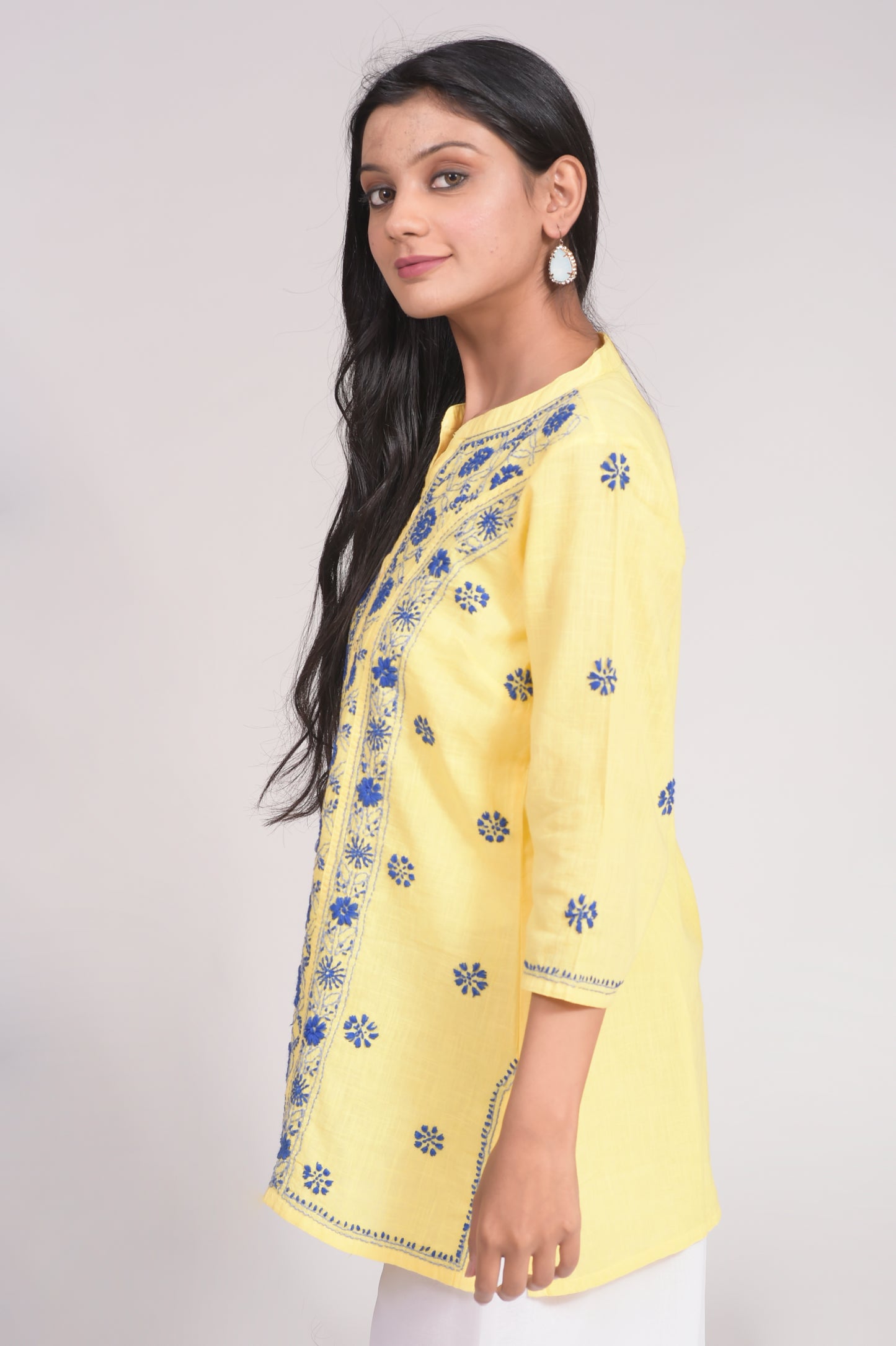 Soft Cotton Short Yellow Hand Embroided Chikankari Lucknow Chikan Emporium Kurti.