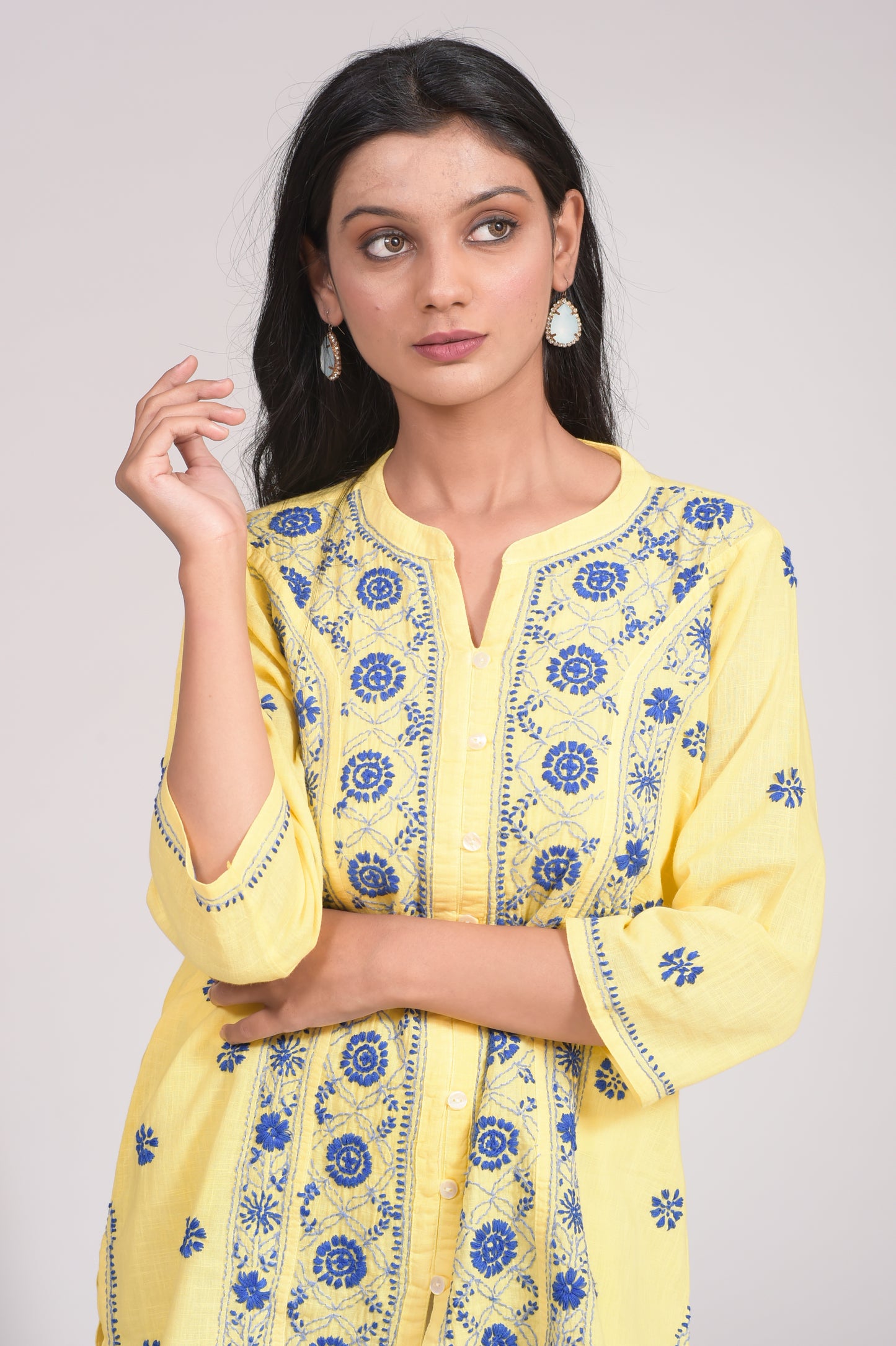 Soft Cotton Short Yellow Hand Embroided Chikankari Lucknow Chikan Emporium Kurti.