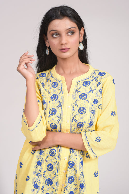 Soft Cotton Short Yellow Hand Embroided Chikankari Lucknow Chikan Emporium Kurti.