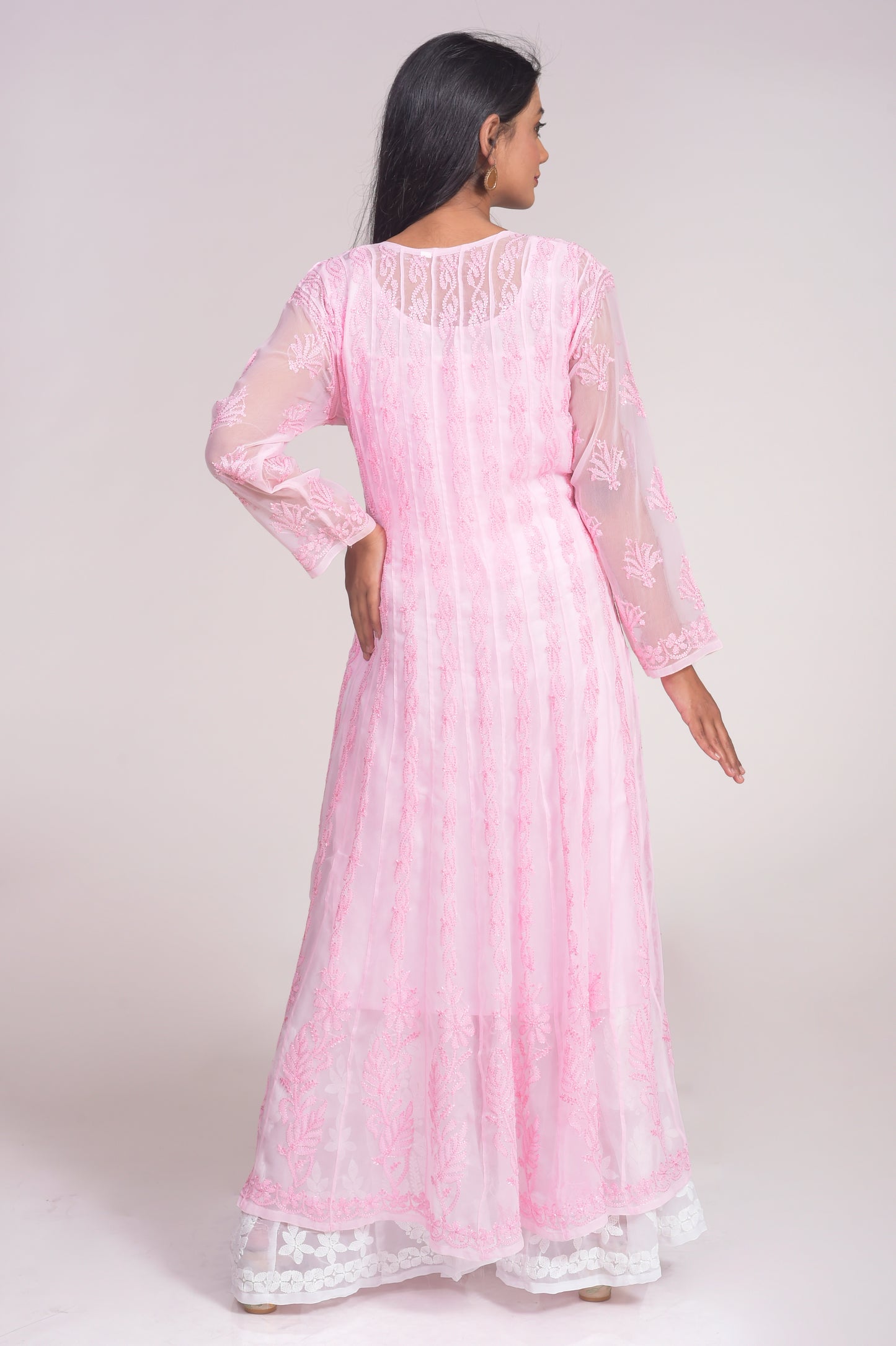 Hand Chikankari Semi Georgette Nice Light Pink Anarkali Kurti Lucknow Chikan Emporium.