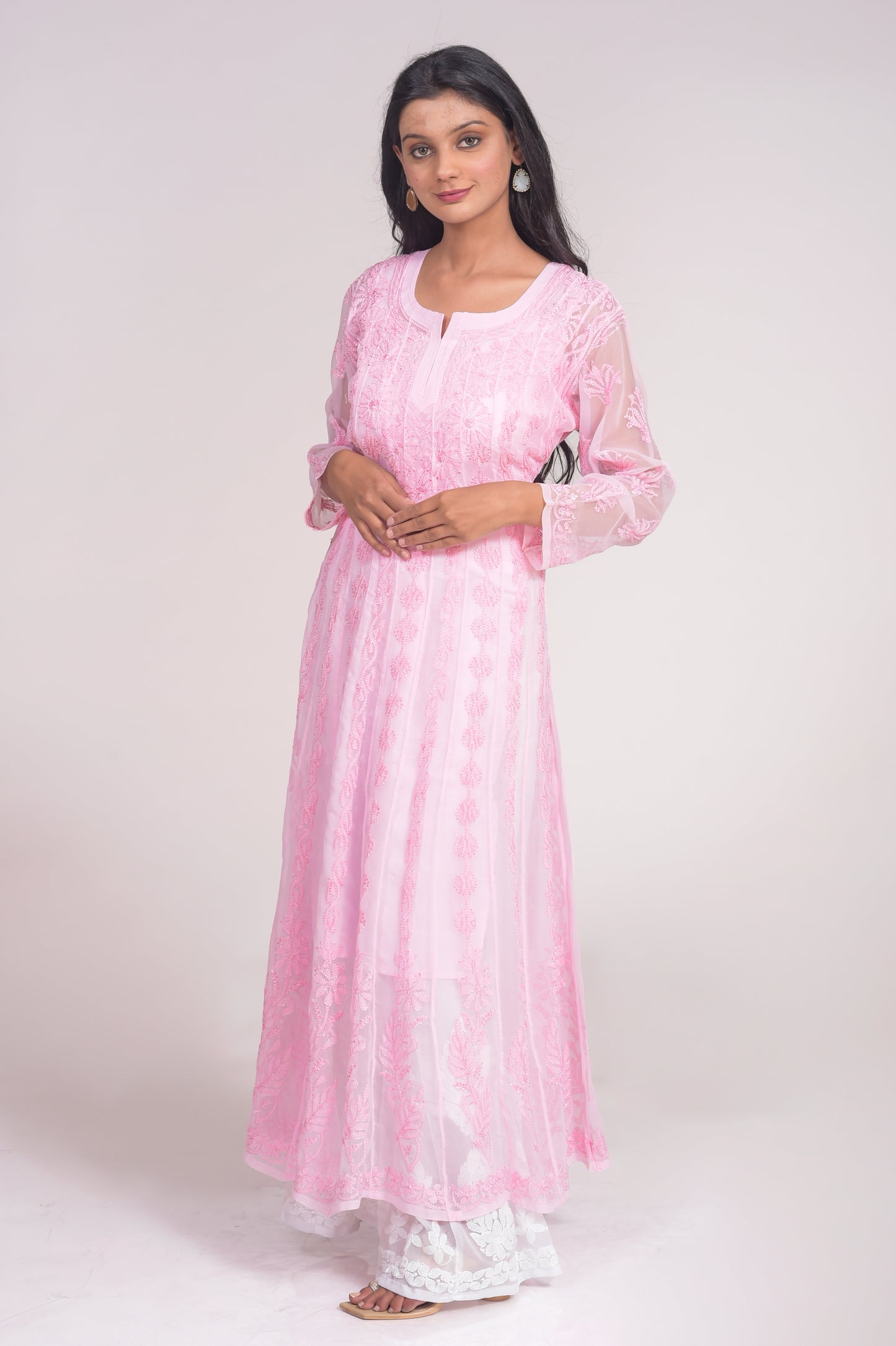 Hand Chikankari Semi Georgette Nice Light Pink Anarkali Kurti Lucknow Chikan Emporium.