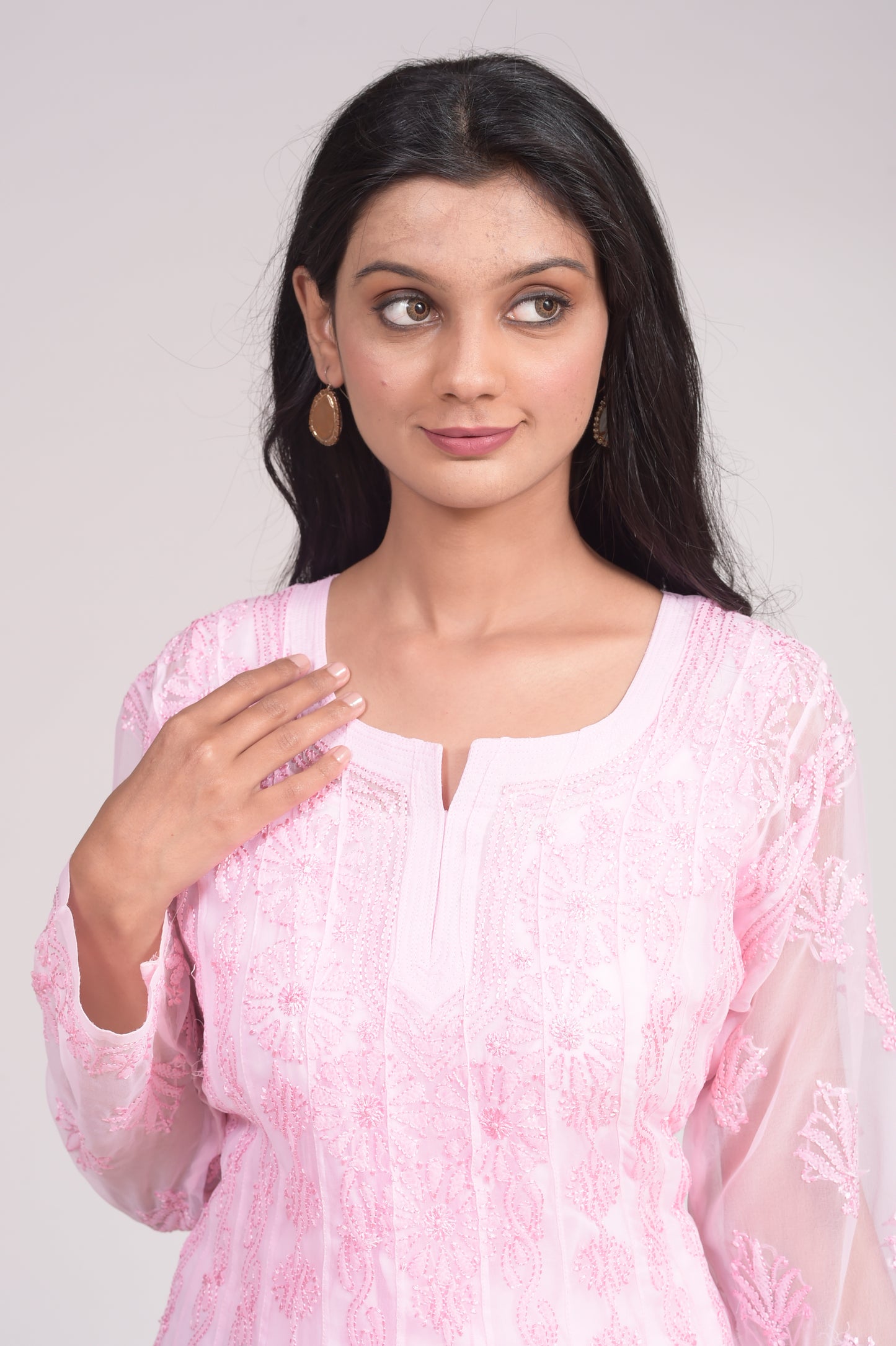 Hand Chikankari Semi Georgette Nice Light Pink Anarkali Kurti Lucknow Chikan Emporium.