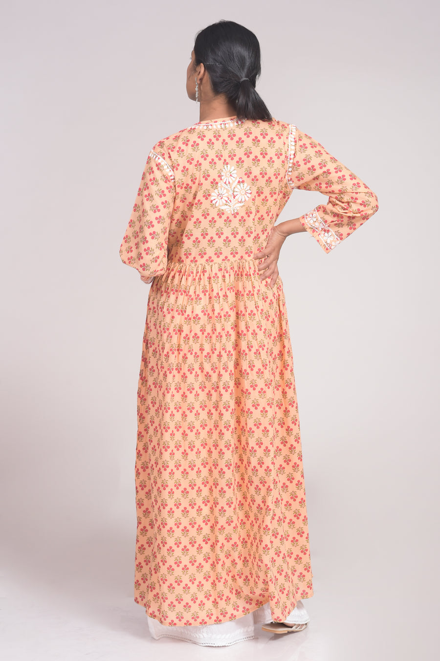 Soft Cotton peach Skin Freindly Elegant Gown Lucknow Chikan Emporium  With Hand Embroided