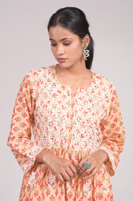 Soft Cotton peach Skin Freindly Elegant Gown Lucknow Chikan Emporium  With Hand Embroided