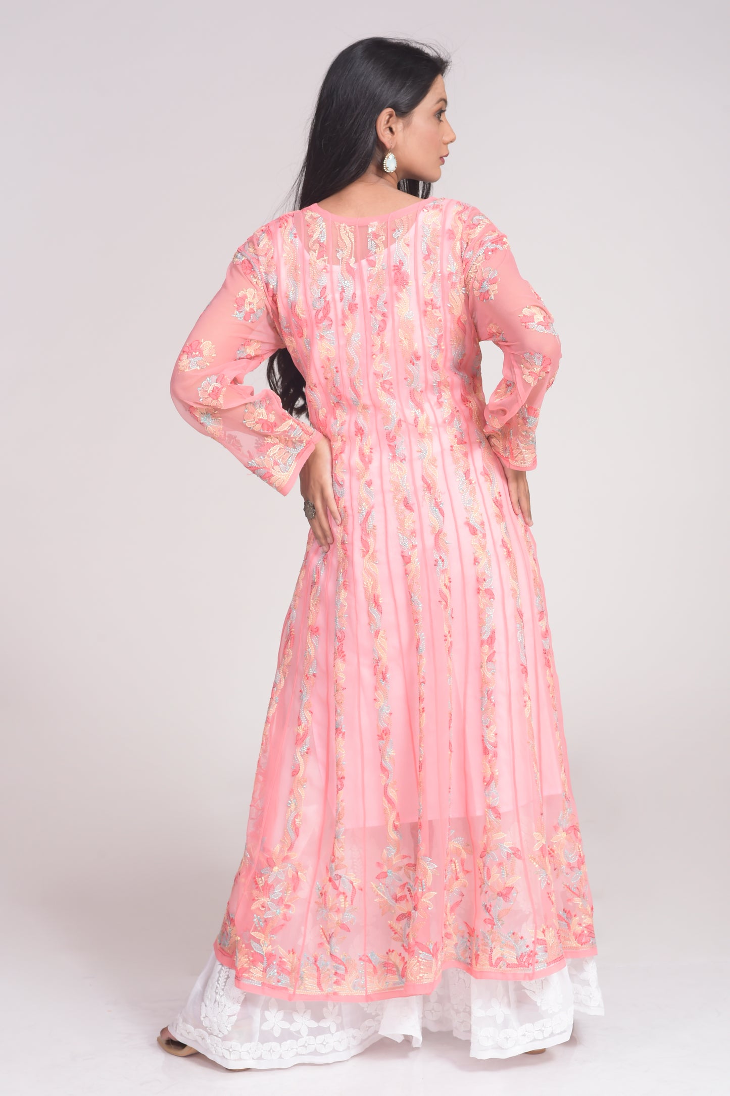 Nice Light Onion Pink Skin Friendly Semi Georgette Hand Chikankari Anarkali Kurti Lucknow Chikan Emporium.