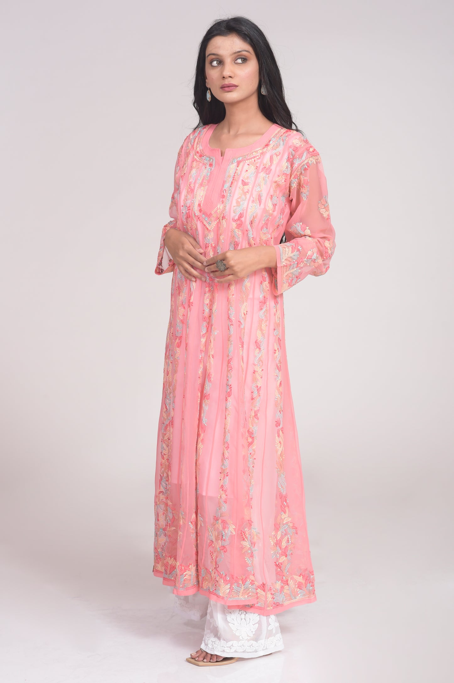 Nice Light Onion Pink Skin Friendly Semi Georgette Hand Chikankari Anarkali Kurti Lucknow Chikan Emporium.