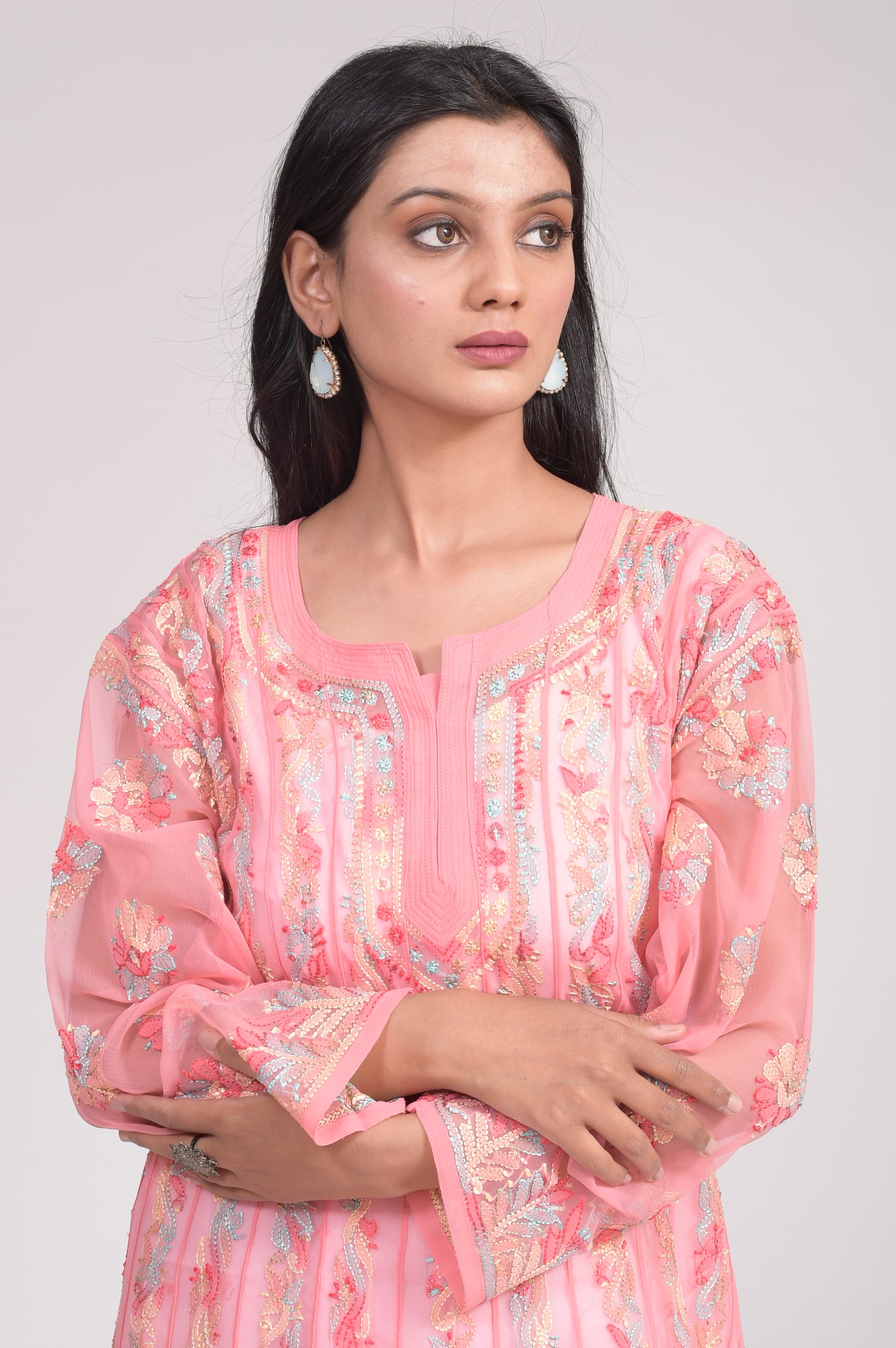 Nice Light Onion Pink Skin Friendly Semi Georgette Hand Chikankari Anarkali Kurti Lucknow Chikan Emporium.