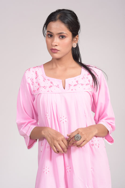 Soft Cotton Elegant Skin Friendly Nice Light Pink Gown Lucknow Chikan Emporium With Hand Embroided