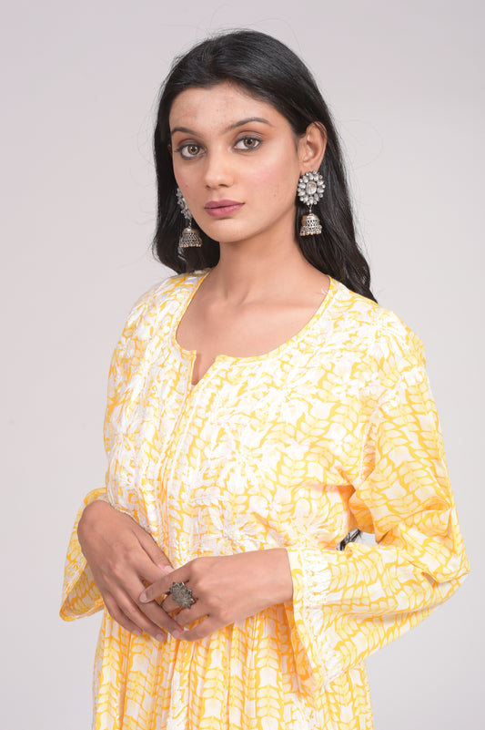 Soft Cotton Yellow Skin Friendly Elegant Gown Lucknow Chikan Emporium With Hand Embroided