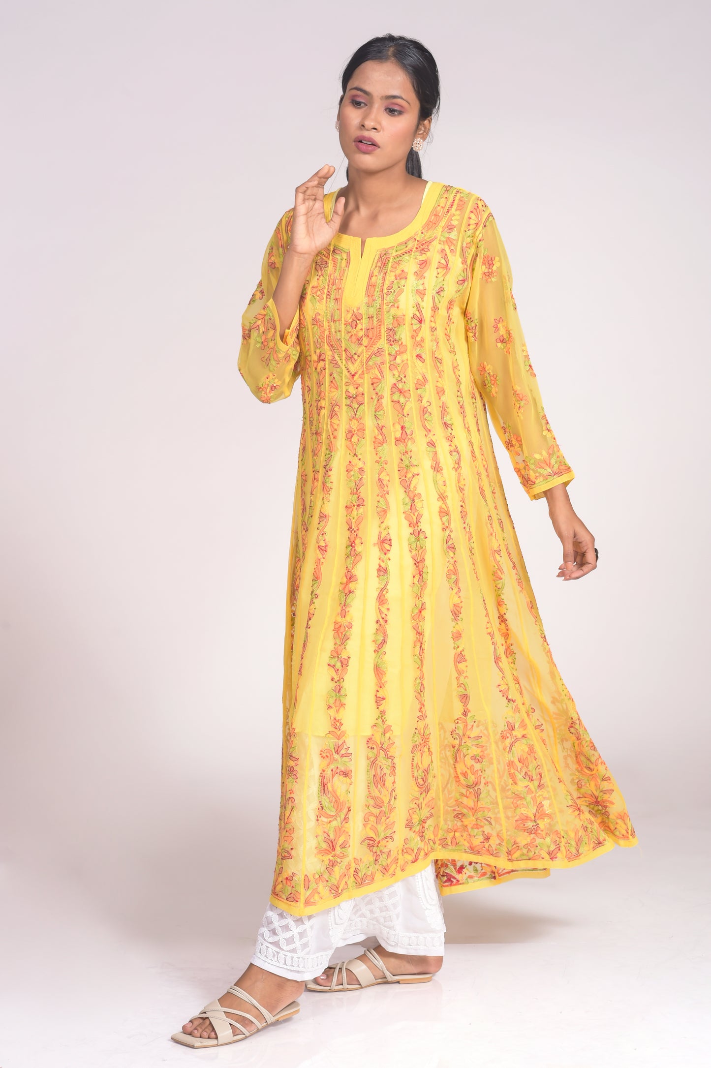 Nice Mustered Yellow Pink Skin Friendly Semi Georgette Hand Chikankari Anarkali Kurti Lucknow Chikan Emporium. No reviews