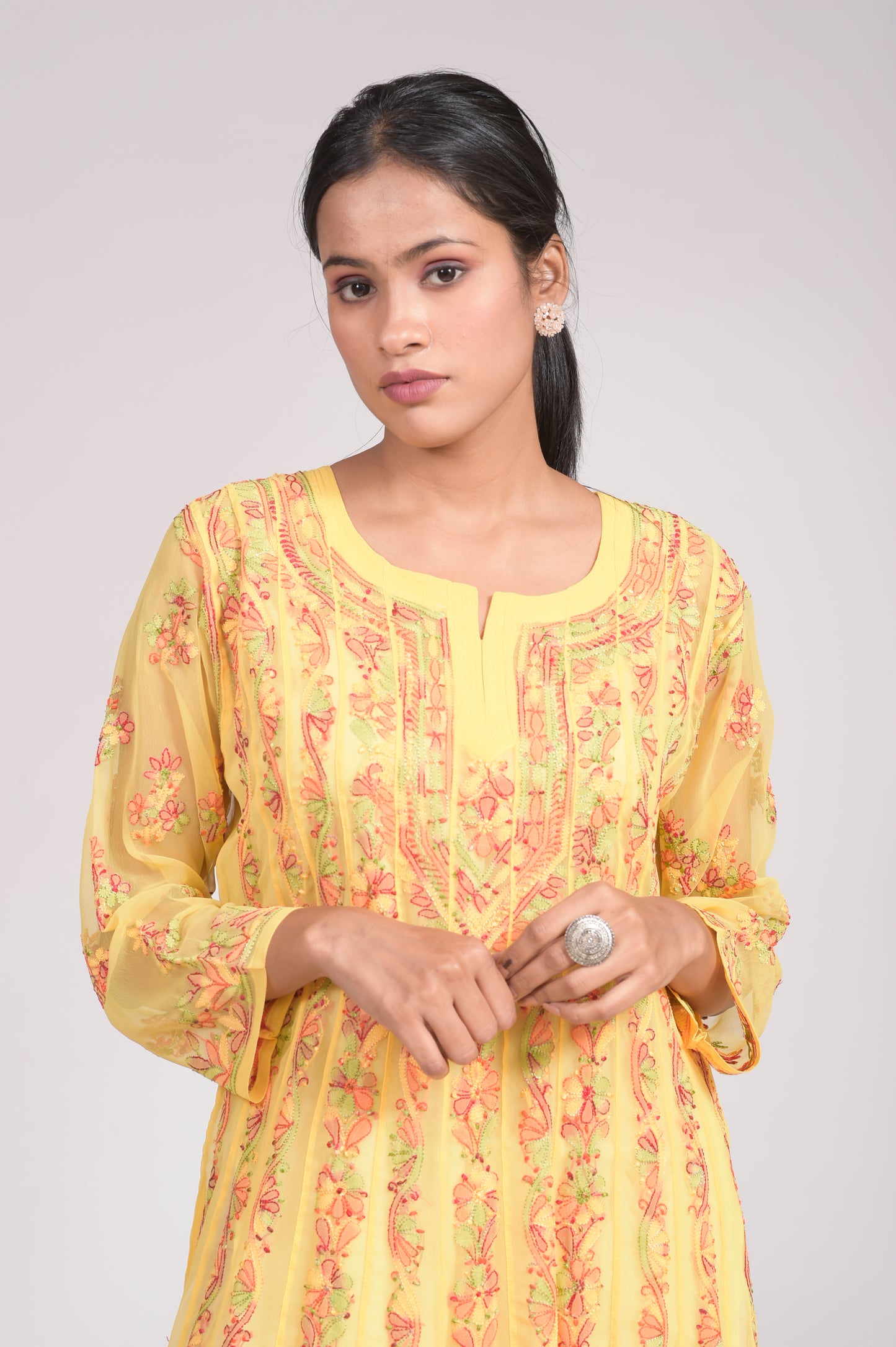 Nice Mustered Yellow Pink Skin Friendly Semi Georgette Hand Chikankari Anarkali Kurti Lucknow Chikan Emporium. No reviews