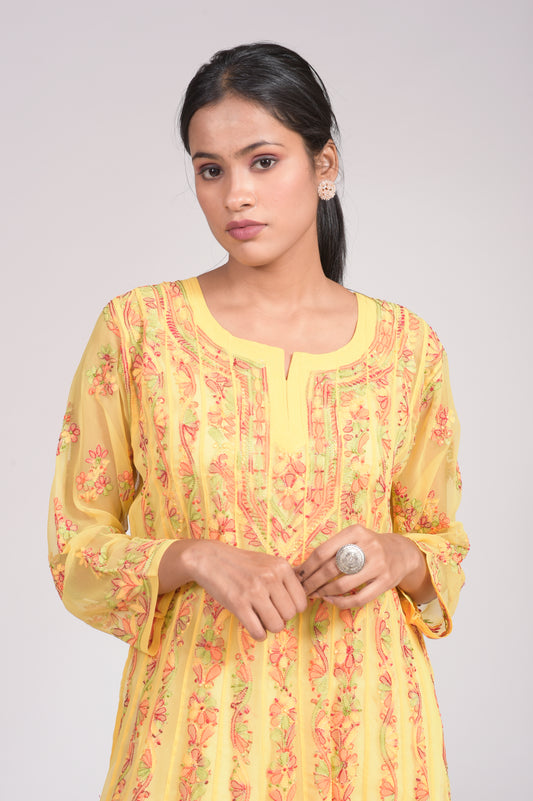 Nice Mustered Yellow Pink Skin Friendly Semi Georgette Hand Chikankari Anarkali Kurti Lucknow Chikan Emporium. No reviews