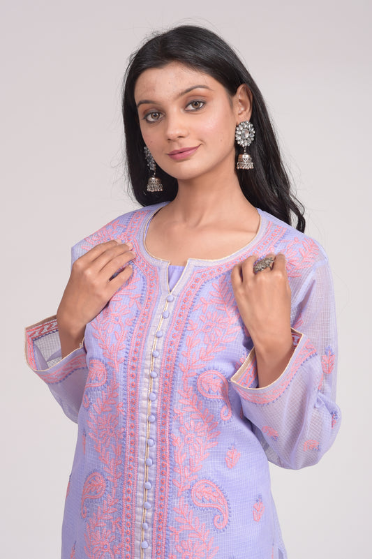 Purple Kurti Kota Doriya Hand Chikankari Lucknow Chikan Emporium.