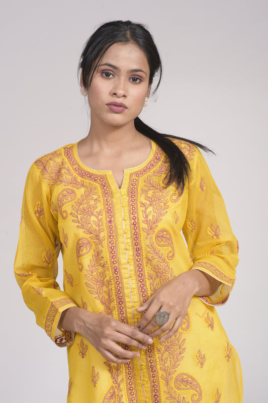 yellow Kurti Kota Doriya Hand Chikankari Lucknow Chikan Emporium.