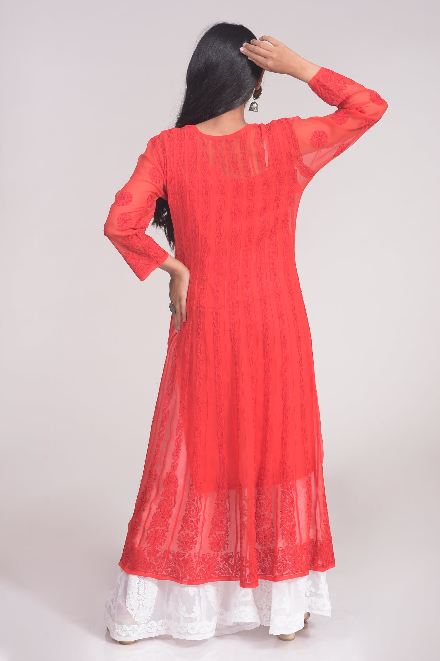 Semi Georgette Rusty Red Anarkali Hand Chikankari Kurti Lucknow Chikan Emporium.