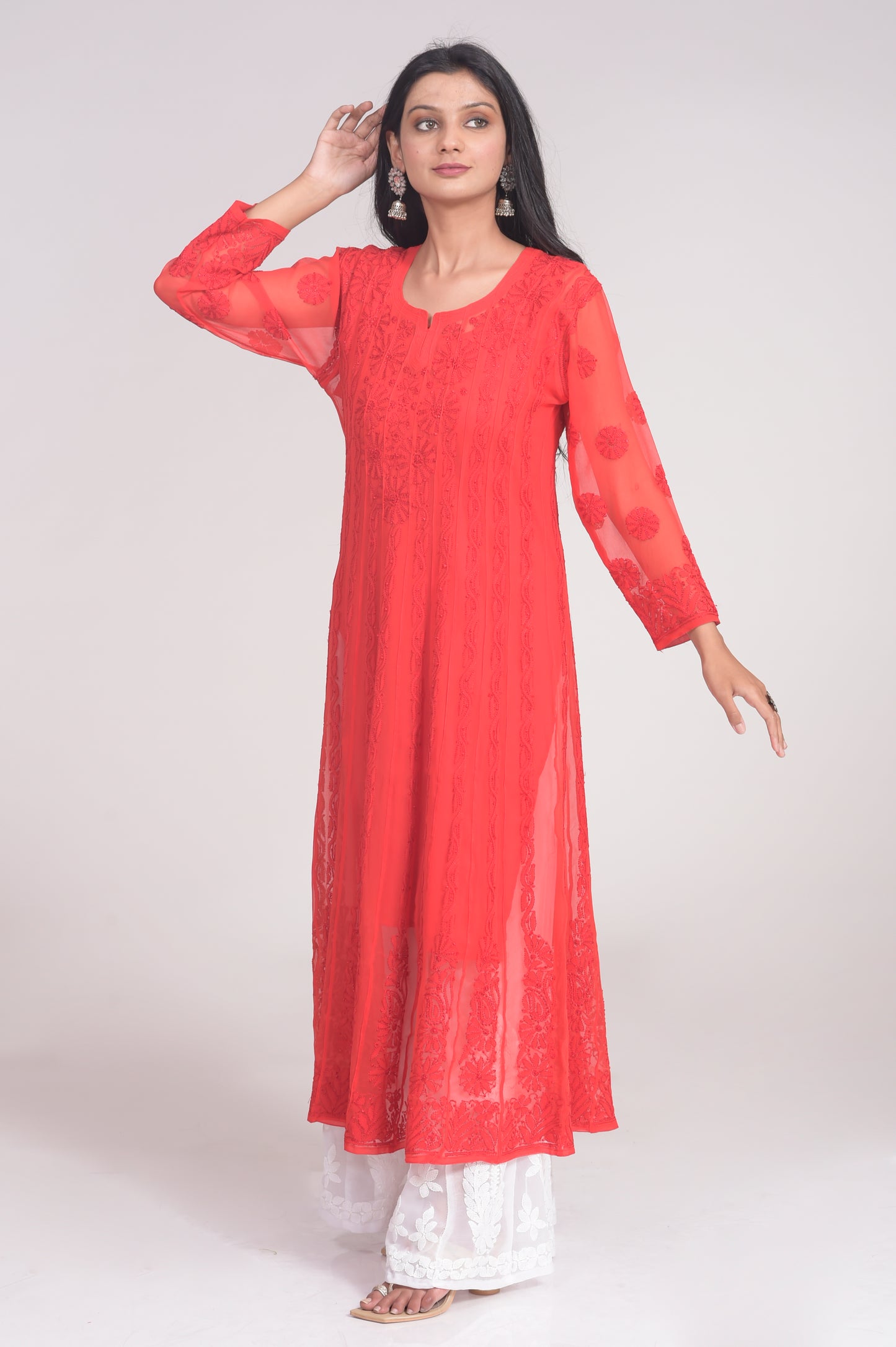 Semi Georgette Rusty Red Anarkali Hand Chikankari Kurti Lucknow Chikan Emporium.