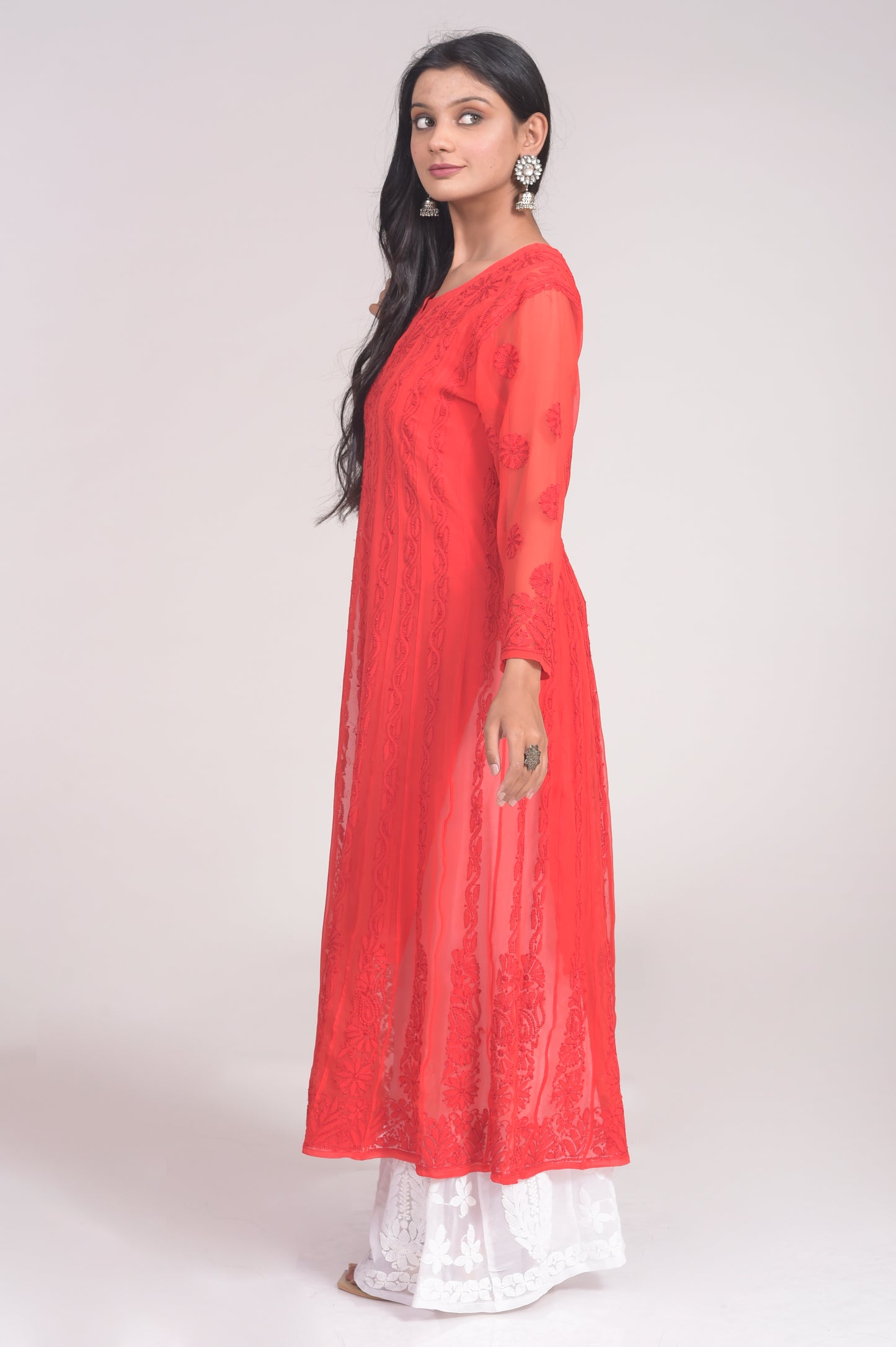 Semi Georgette Rusty Red Anarkali Hand Chikankari Kurti Lucknow Chikan Emporium.