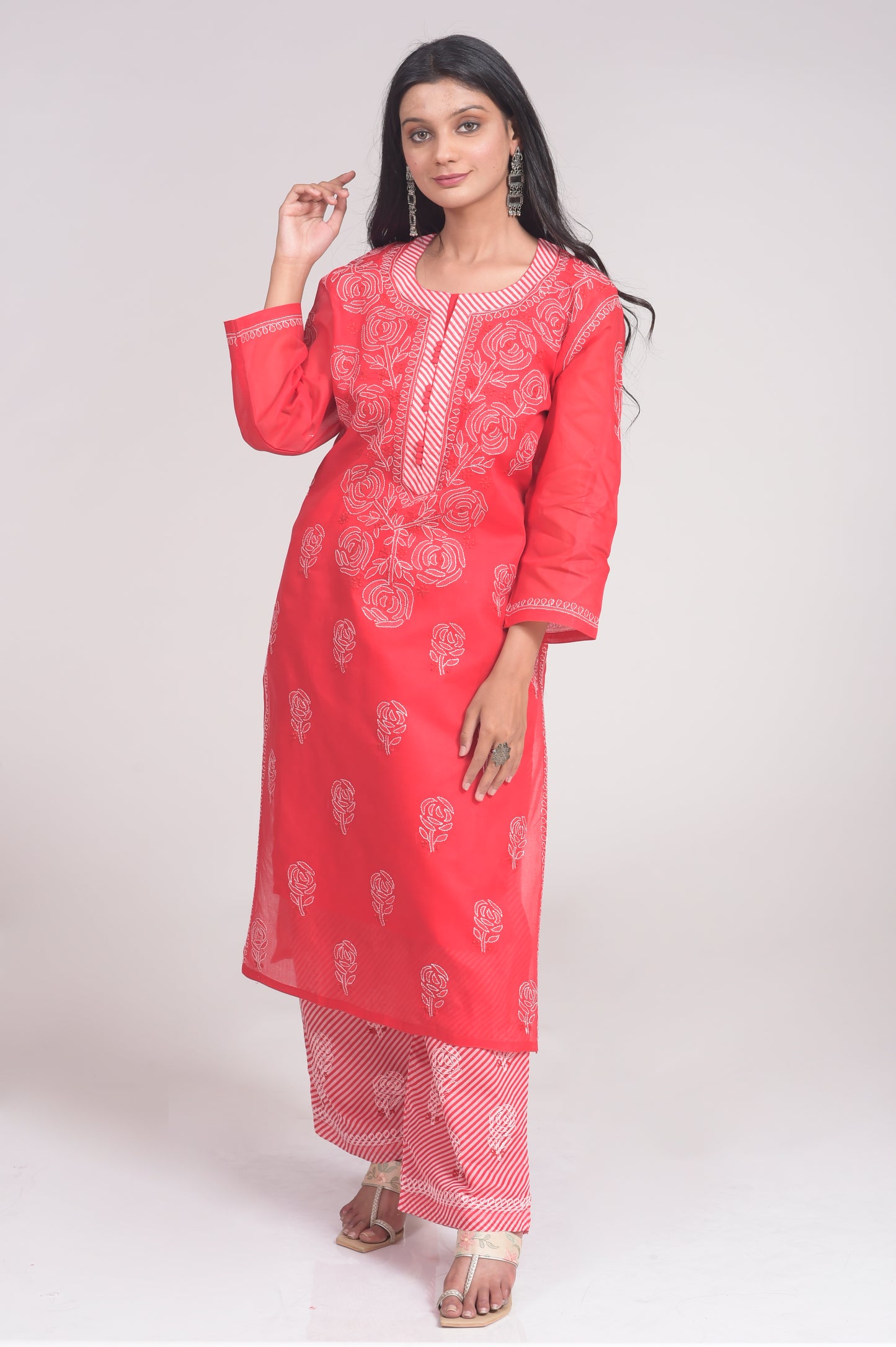 Soft Skin Friendly Cotton Nice Red Colour Laheria(Stripes) Print Palazzo With Plain Kurta Set Hand Chikankari Lucknow Chikan Emporium